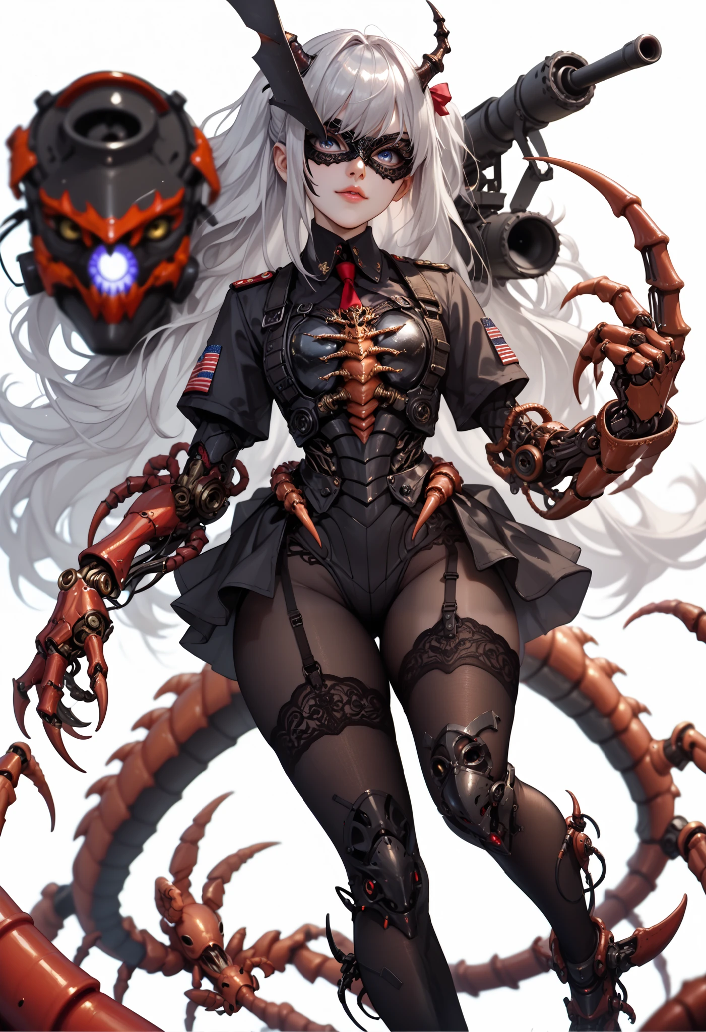 One woman. Body stockings. Silver hair. Long hair. Yandere. Mask covering half of face. Mask with horns. Centipede tail. Black armor. Large mechanical hands. Sharp claws. Military. Cannon. missile. White background.