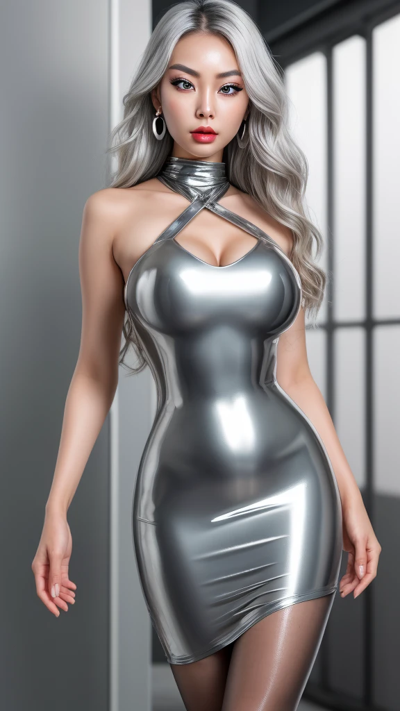 Silver colour hair with hourglass figured girl wearing a sleeveless long sheath dress