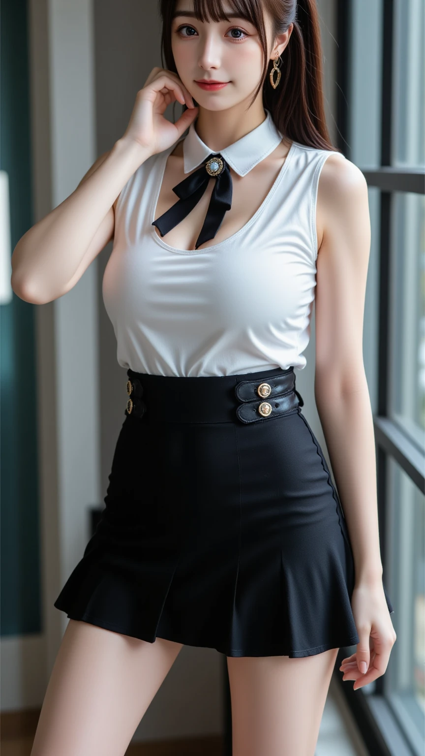 Close your chest with your arms:1.2、forward leaning posture、Touching the feet、table top, highest quality, super detailed, finely, High resolution, 8k wallpaper, perfect dynamic composition, (white shirt、high waist skirt:1.2)、waitress、Make both ears look beautiful、Makes your collarbone look beautiful。、short hair、natural color lip, pose of temptation,smile,coffee shop、28 year old female、cute、looking at camera、attractive、beautiful breasts、well-shaped chest, beautiful butt, and a thin waist、smaller butt、small ass、pose of temptation、Emphasis on slender、beautiful feet、Touching your own thighs、Seduce with beautiful legs、いたずらなsmile、Turn your butt towards us:1.3