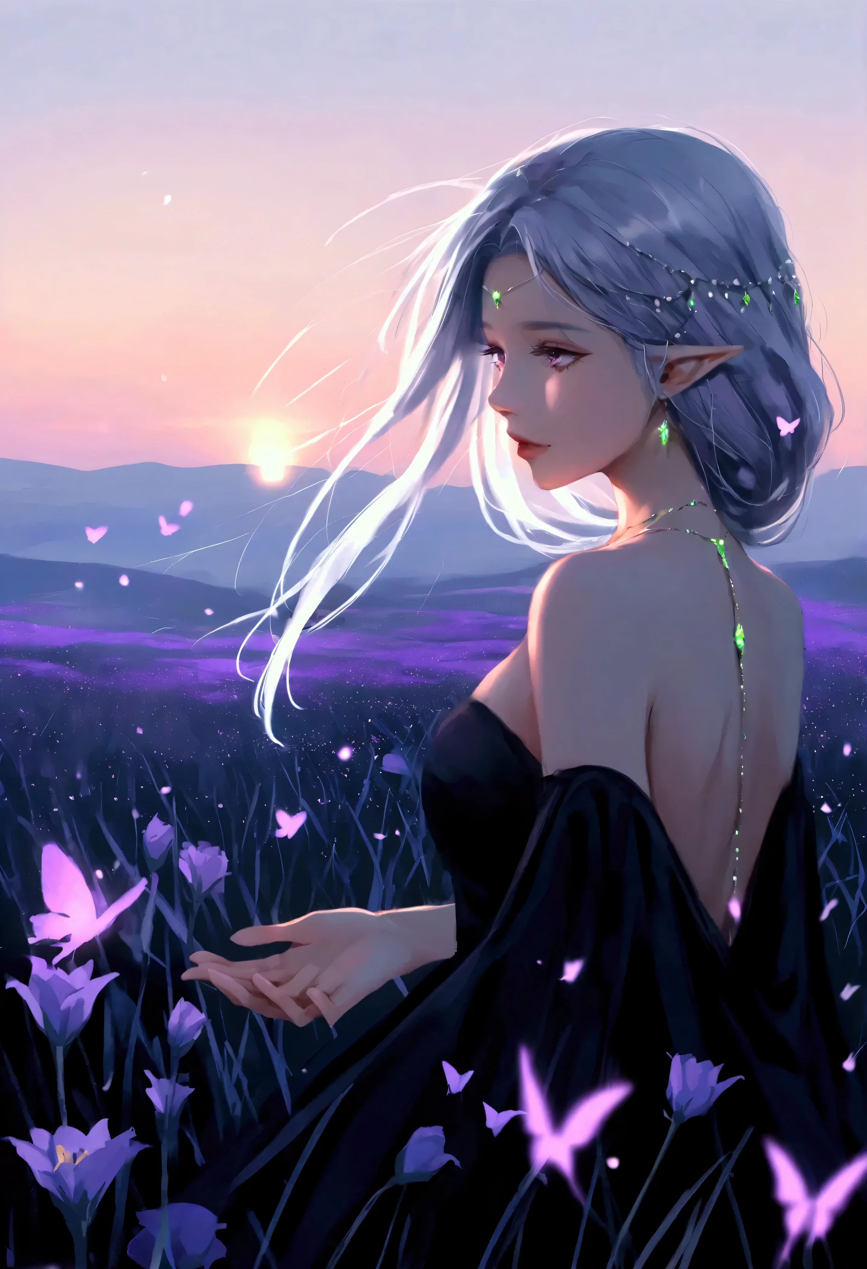 Fluorescent Color, 1 woman, look to the side , beautiful face, beautiful eyes, (off the shoulder: 1,2), upper body, shiny hair , glowing skin , elf ears, elven ears , emissões de brilho
Uma mulher caminhando em um purple flower field ao redor de dentes-de-leão e pequenos pontos de luz ao redor. Her long white hair , flying with the wind. Her eyes are bright green . Há tulipas roxas com bright butterflies ao seu redor. flowing red dress . The woman in a dark place full of twinkling spots of light and glowing snowflakes , bright butterflies, white-haired female , spots of light surrounding the woman . there's a beautiful sunset , purple flower field , garota em um purple flower field , she walks among the thousands of flowers with the wind spreading her Like a Goddess
