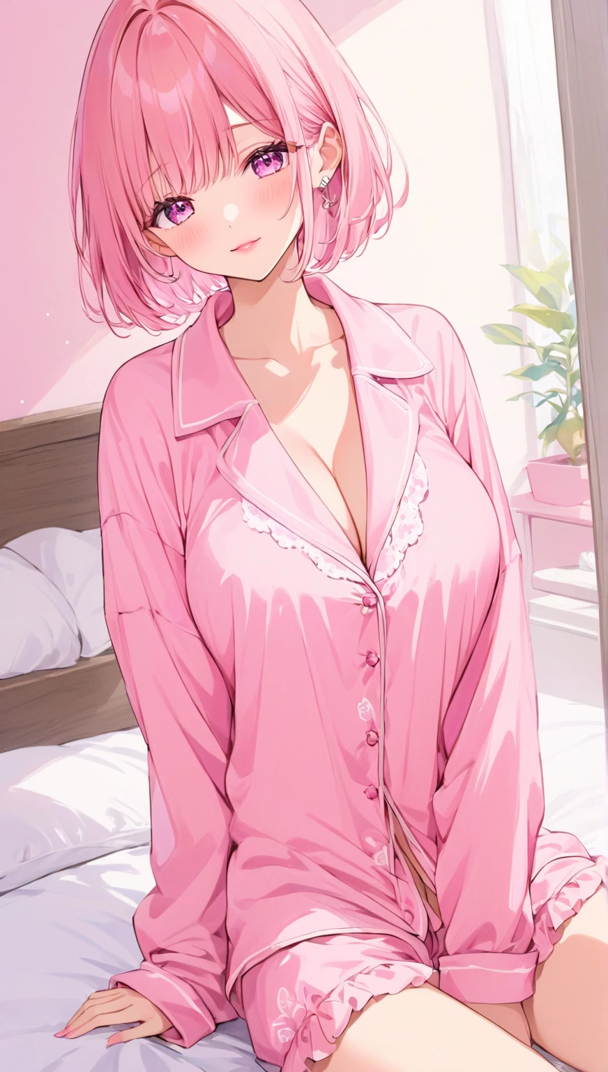  1 girl, （ pink beige hair 、 short hair：1.5）, Alone, masterpiece,  best quality, ( Anime Style Art:1.0),  wearing pajamas、 Cute Lingerie 、 big breasts,  simple room in monotone colors、 man's room、 smiles shyly in bed,　 superior、 apartment room,  soft pink lips , pink and pink pajamas , 