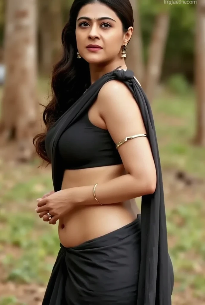 A very beautiful indian girl is standing,she has a well-shaped fair body,she is wearing a black saree,she has open & thick hair which reach till her waist,there are white flowers in her hair,she is standing delicately,she is serious face,there are a river around her, light of moonlight is falling on the girl, hyper realistic, dark theme, 4k, she is wet, night time, she has pink lips, her belly is visible