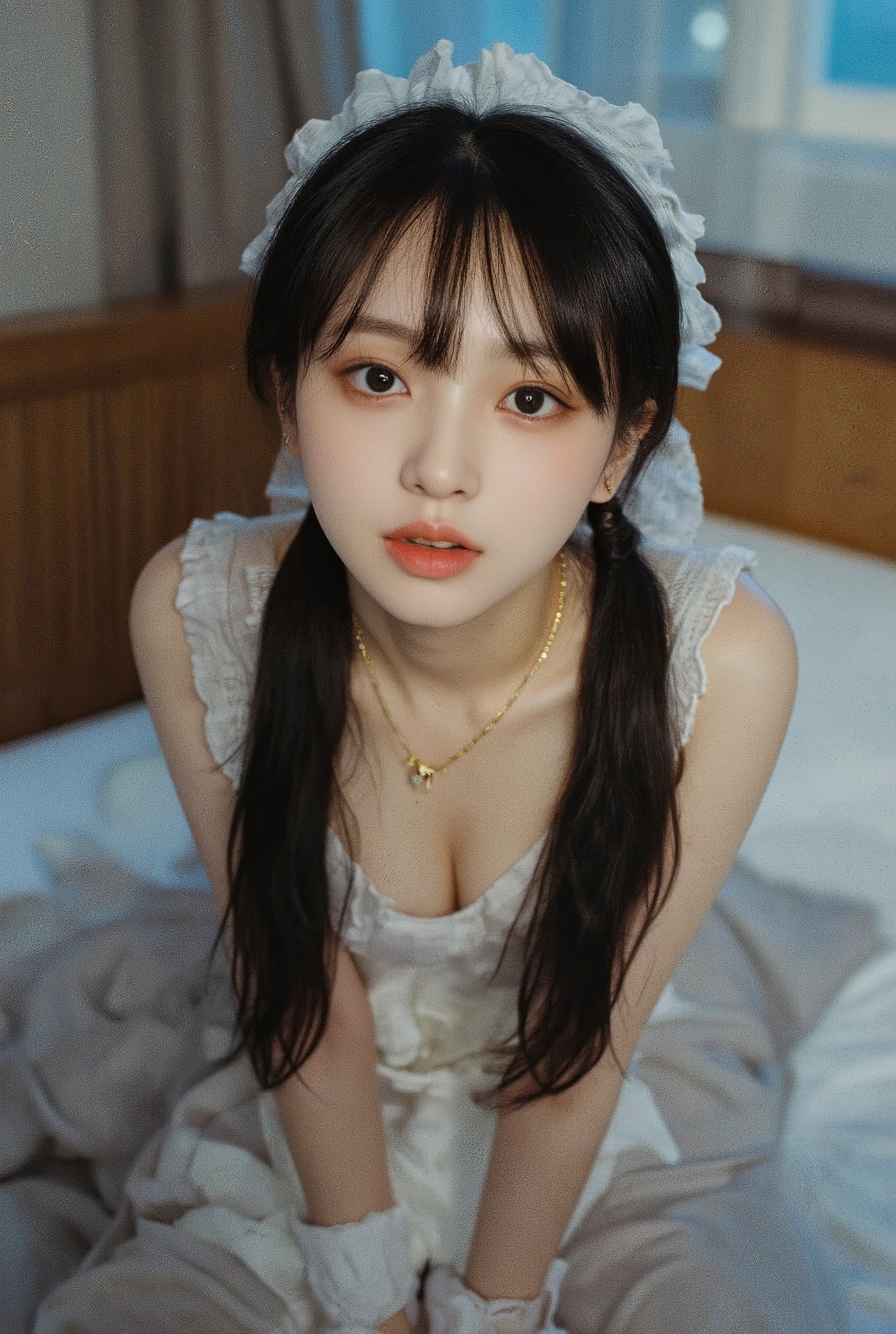 ((top quality)), ((masterpiece)), (Details),one Japanese girl, age 18,japanese idol face,droopy eyes,smile ,open mouth,look at me ,black tying hair, white skin ,french maid costume,ribbon accents,cleavage, small gold earrings,small gold necklace,(accurate anatomy:1.3),model pose on bed,in a night view room,faceshot,