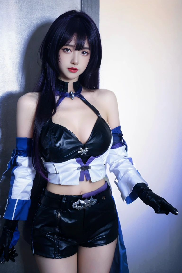 ulzzang-6500-v1.1,(raw photo:1.2),((photorealistic:1.30)), ((best quality)) ,((masterpiece)),((Ultra High Resolution)), ((Clear View)),,Ultra-high resolution,Clear face,(Reality:1.4) , illustration, an extremely delicate and beautiful, extremely detailed ,CG ,unity ,8k wallpaper, Amazing, finely detail, masterpiece,best quality,official art,extremely detailed CG unity 8k wallpaper,absurdres, incredibly absurdres, huge filesize, ultra-detailed, highres, extremely detailed,beautiful detailed girl, extremely detailed eyes and face, beautiful detailed eyes,light on face,cinematic lighting,1girl, 独奏 , (purple hair:1.5), bangs, purple eyes, (upper body),see-through,(looking at viewer:1.5),outdoors, garden background, Acheron cosplay costume, Acheron, cosplay, blue hair, very long hair, hair over one eye, shirt, asymmetrical clothes, singel sleeves, shorts, crop top, belt, tattoo, gloves, singel elbow glove, large breasts, breasts, cleavage, boots, knee boots, high heel boots, standing,