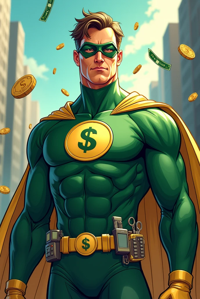 a very strong bodybuilder man, robin hood dress, with the green clothes and green hat characteristic of Robin Hood, muscular, tan muscular que se ven las venas de su cuello, In his hand he holds a huge bag of money, of bag screen, over his shoulder laughing, The bag has the money sign on the outside.from which some dollars fly away, in the background a village with poor medieval houses. The pose is an exaggerated comic or superhero type pose.