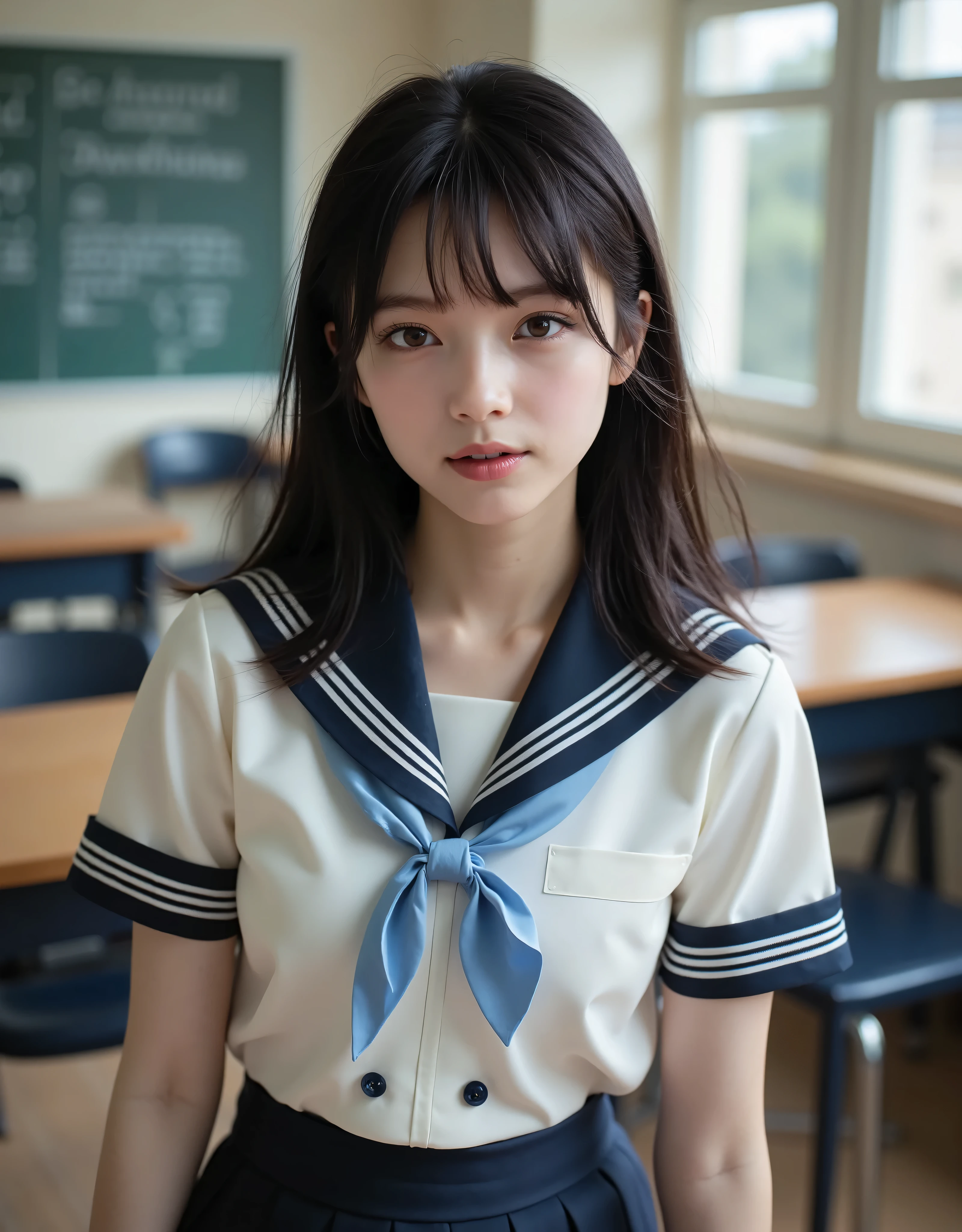 (Canon), (EOS R5), (50mm), ((( photorealistic:1.5))), (No lens flare :1.5), ((超 high resolution)), (masterpiece), accurate,( is present な質感の肌), more details, high detail, high quality , Award-winning work , 最 high quality, 32K, depth of coverage, digital camera, award-winning glamour photo , professional lighting, (SFW), ((最 high quality:1.5)), ((masterpiece:1.5)), (( is present )), high resolution, is present な影, Roughness, Real Life,( 1 Japanese woman so beautiful and cute), ( The cuteness of Japan's top idol ), ((Upper body shot seen obliquely from the front :1.5)), (( upper body shot from head to knee :1.5)), (( cute 18-year-old Japanese high school girl )), (((white short sleeve sailor suit:1.8))), (( high school classroom , desk, chair, blackboard, and window visible )), (((I'm sitting on a chair wearing a short-sleeved white summer suit with dark blue collar and chest and 3 white lines, and a dark blue flare skirt:1.8))), ((Short-sleeved white sailor suit with dark blue collar and breast :1.8)), (( no front buttons on a sailor suit :1.8)), (( sailor suit's chest is dark blue and has 3 white lines :1.5)), (( dark blue flare skirt :1.5)), ((Light blue scarf for sailor suit :1.8)), ((Navy blue scarf closure :1.5)), (( no accessories:1.5)), (( No Earrings :1.5)), ((Without necklace:1.5)), ((Women's watch on her left arm )), (( a very cute high school girl who feels young )), Attractive cuteness , seductive pose holding hands, Height: 160cm, slim figure, Beautifully shaped bust, D Cup, (( Very Cute Smile :1.5)), ( alone:1.5), (There is only one person in the classroom), ( brown eyes:1.9), ( Detailed depiction of extremely realistic skin ), (Highly detailed, realistic eyes:1.9), (Very beautiful, Long, realistic eyelashes), (Highly detailed, realistic eyebrows), (丸い brown eyes :1.8), ( beautiful catchlight on the eyes), (Realistic lips with moisture ), ( white realistic teeth arranged neatly), ( Beautiful and Detailed Face :1.6), ( hourglass figure :1.6), (Wasp waist :1.5), ( Perfectly round and beautifully shaped bust :1.8), ( clearly contoured cheekbones :1.5), ( perfectly styled body :1.8), (Healthy body :1.8), (Narrow shoulders:1.9), ( viewers), ( seductive gaze), (Beautiful, natural-looking hands), ( beautiful pink nails with a beautiful length ), ( show your hands as little as possible ), ( very cute smile:1.1), ( her stomach and navel may be slightly visible:1.4), ( dark hair medium hair :1.3), ( beautiful black hair), ( Has bangs), Natural atmosphere, Very cute type, beautiful thighs, (( evening classroom )), (( with a pencil case and notebook on her desk :1.4)), (( show your hands as little as possible )), ((I can't show my feet)), blur background, Illuminate the face, dynamic pose , beautiful body line , Beautiful, realistic skin , Art Photography, beautiful soft lighting , Accurate , Accurate , Accurate,5 fingers on one hand ,((No watermark, No signature))