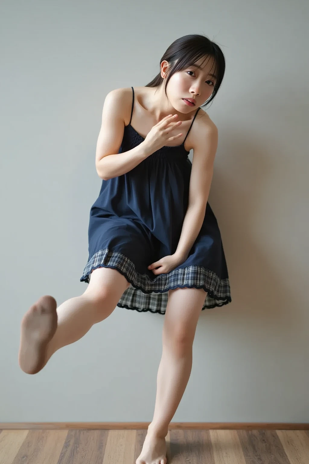 One girl, Looking down, skirt, 片feetで立つ, Huge breasts, kick, feet,how, No underwear, Striped pussy