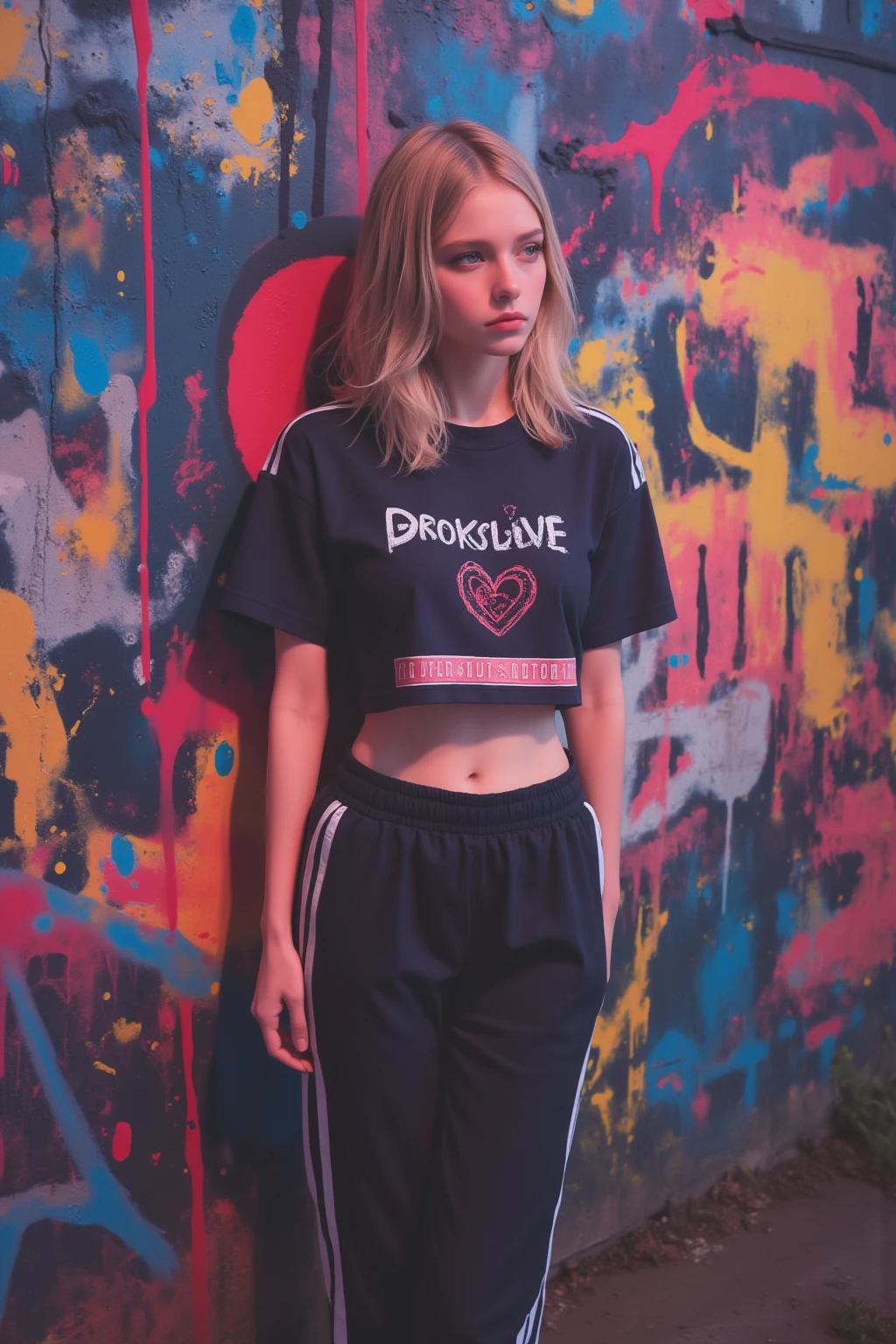 sensual woman, blonde with pink locks, girl dressed street style with fashionable cologne clothes in a city alley with graffiti walls, realistic image, high quality