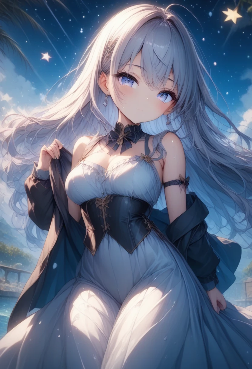 masterpiece, Highest quality, Super detailed, figure, (Realistic:1.3),cute, girl, alone, Silver Hair, Fairy, Blunt bangs, Tube top dress, Fluffy mini skirt,smile, flower, spring,blue sky,Low angle shot,
