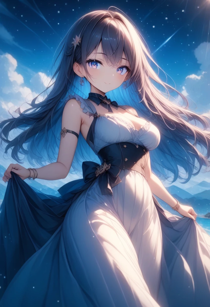 ((masterpiece, best quality)), Delicate face,Magician,Gold and blue,whole body,Standing picture,Long legs,Large Breasts,Gradient long wavy hair,Perfect body proportions,Beautiful blue eyes,Extremely beautiful,transparent, Pure white background,cloud,Blue Rose,Erotic_lingerie,Sexy_Bikini,Lace,Garter stockings