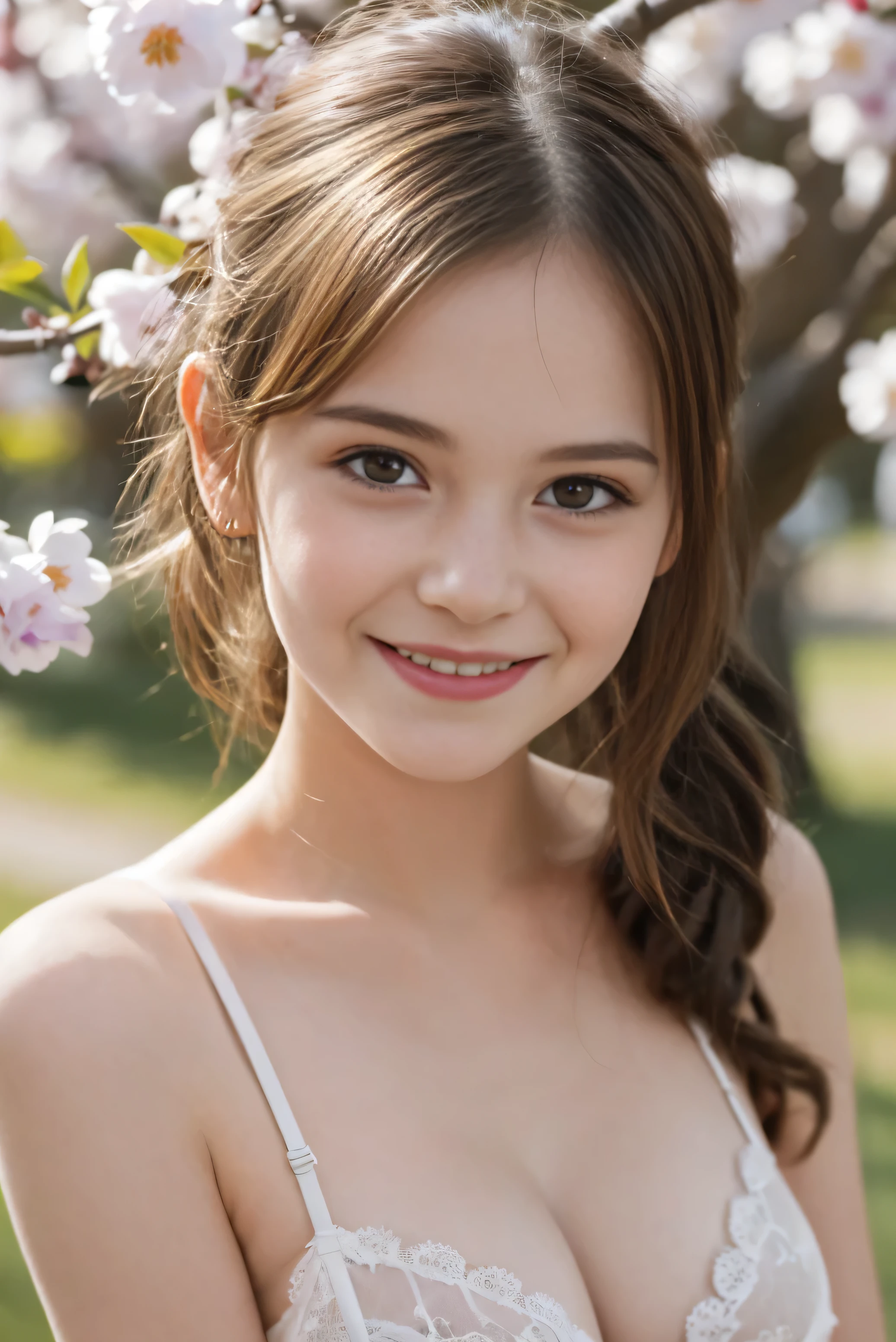 Masterpiece, Best quality, 8k, 18 ans, Photo brute, absurdes, Award-winning portrait, sourire, sourire, pure, french,spring, orchard in bloom, famous singer, cute, fit, healthy, lovely, posing, pony tail, lingerie, sexy pose, happy smile