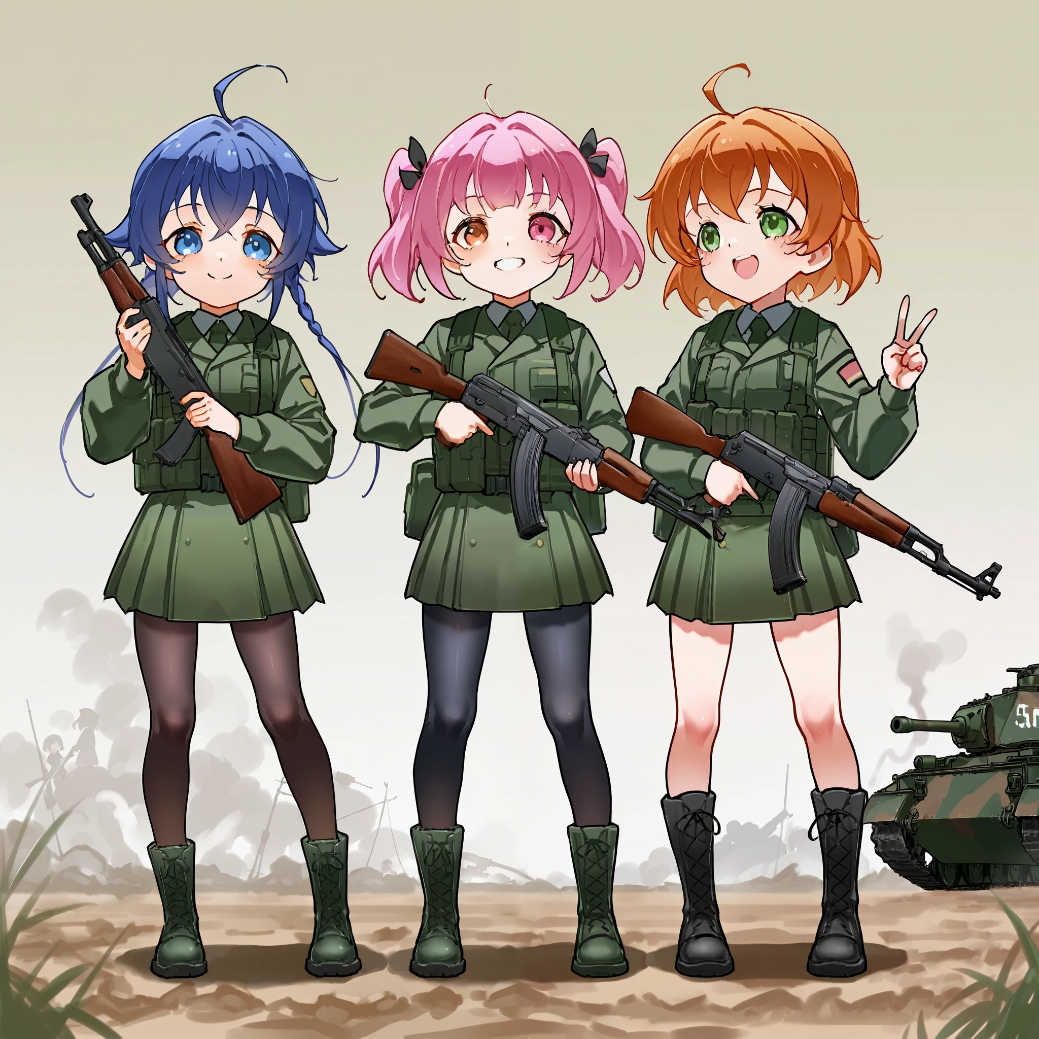 Simple art style, Artist:xinzouro, rodecchi, , 3girls, Cute clothes, holding ak, holding gun, holding ak-47, Full body, smiling, War tanks, war scene around,