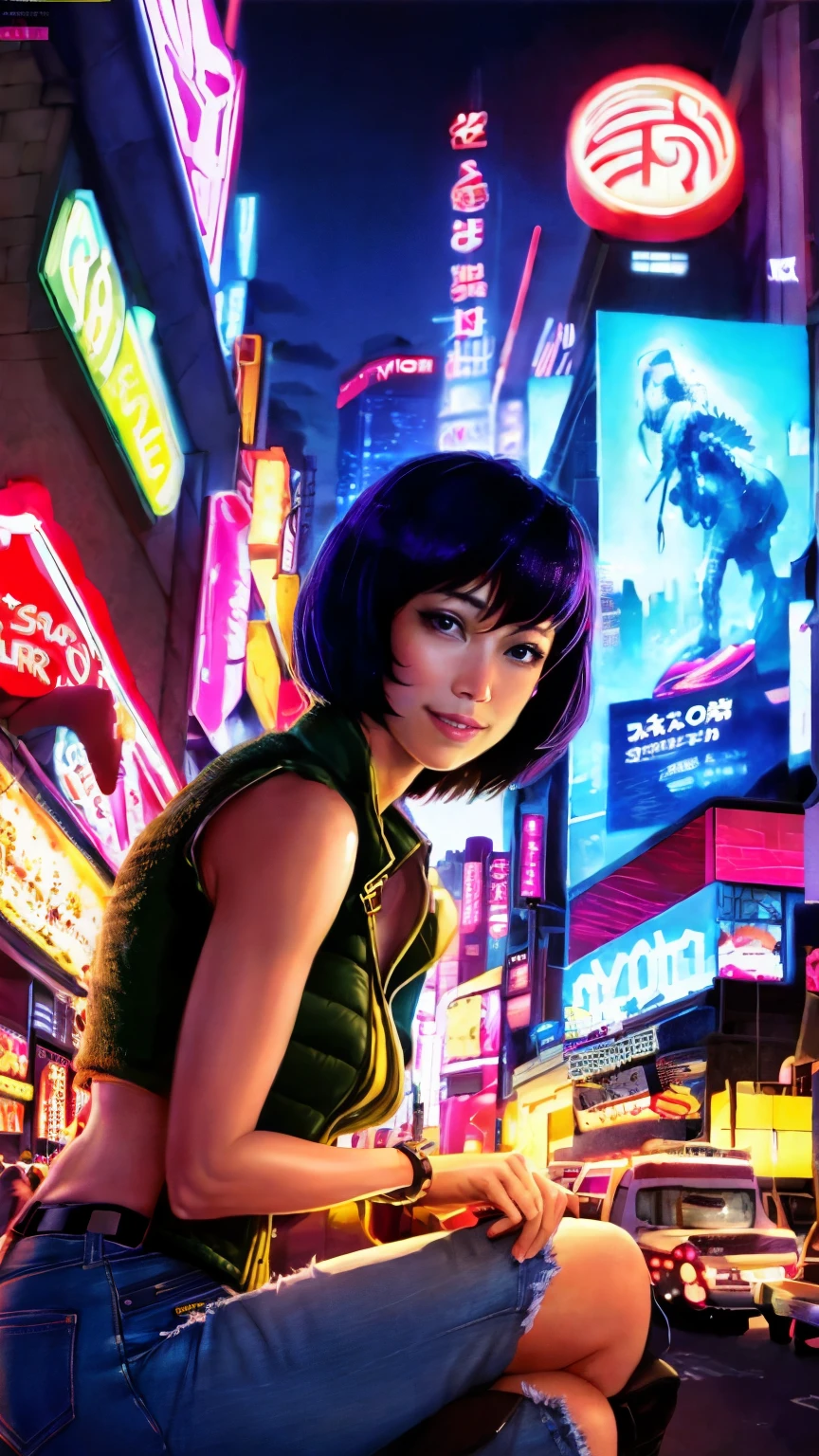 masterpiece, Best Quality , illustration, Beautiful detailed, Fine and precise , Dramatic light , intricate details , 4K photos, High resolution , complex, High detail, Sharp focus , Motoko Kusanagi, Smile, cute, short hair, Tokyo, Vest, short jeans, night, Computer traitor , neon lights, building, Outdoor, Town, Low Light