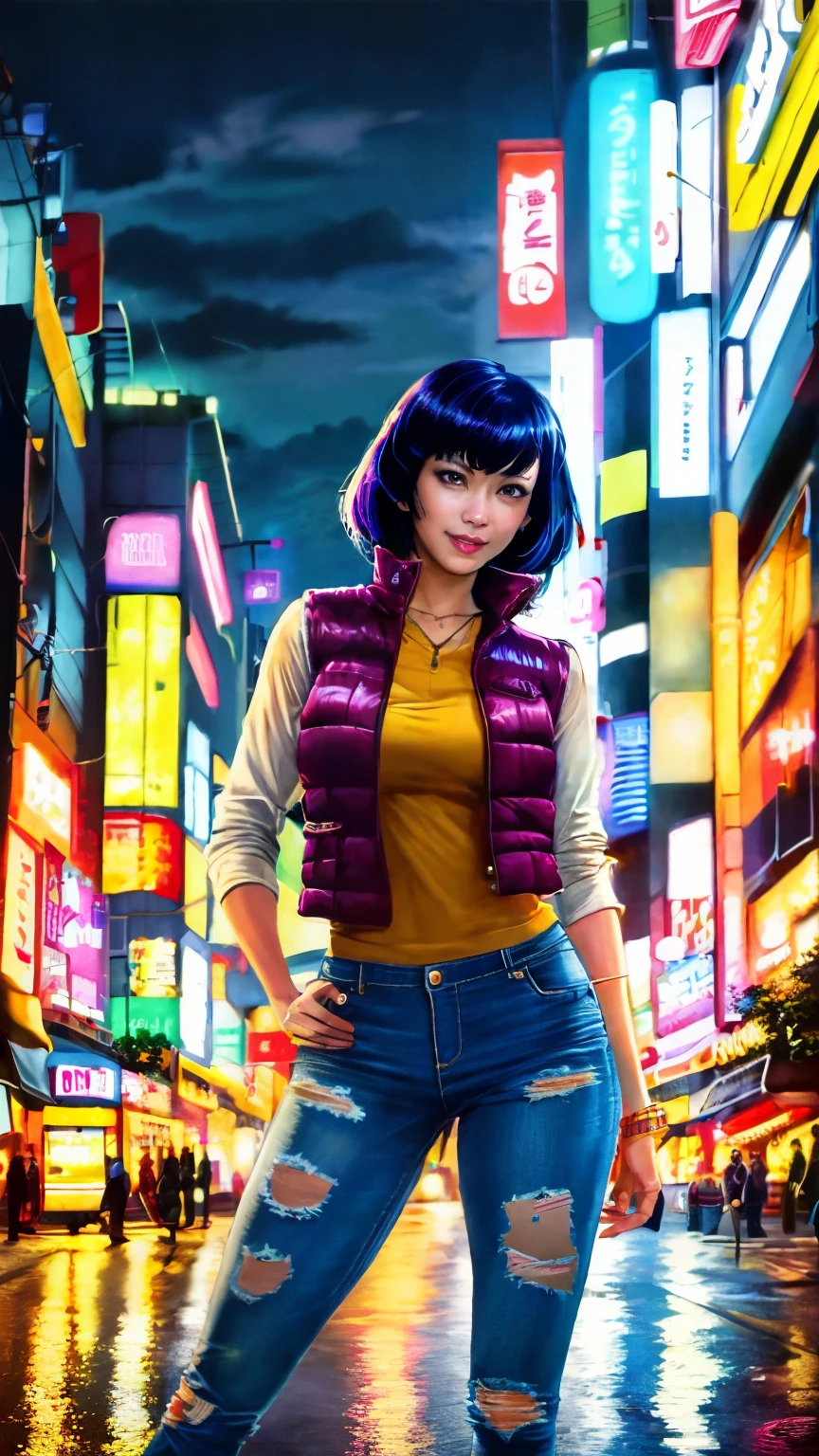 masterpiece, best quality , illustration, Beautiful detailed, Fine and precise , Dramatic light , intricate details , 4K photos, High resolution , complex, High detail, Sharp focus , Motoko Kusanagi, Smile, cute, short hair, Tokyo, Vest, short jeans, night, Computer traitor , neon lights, building, Outdoor, Town, Low Light