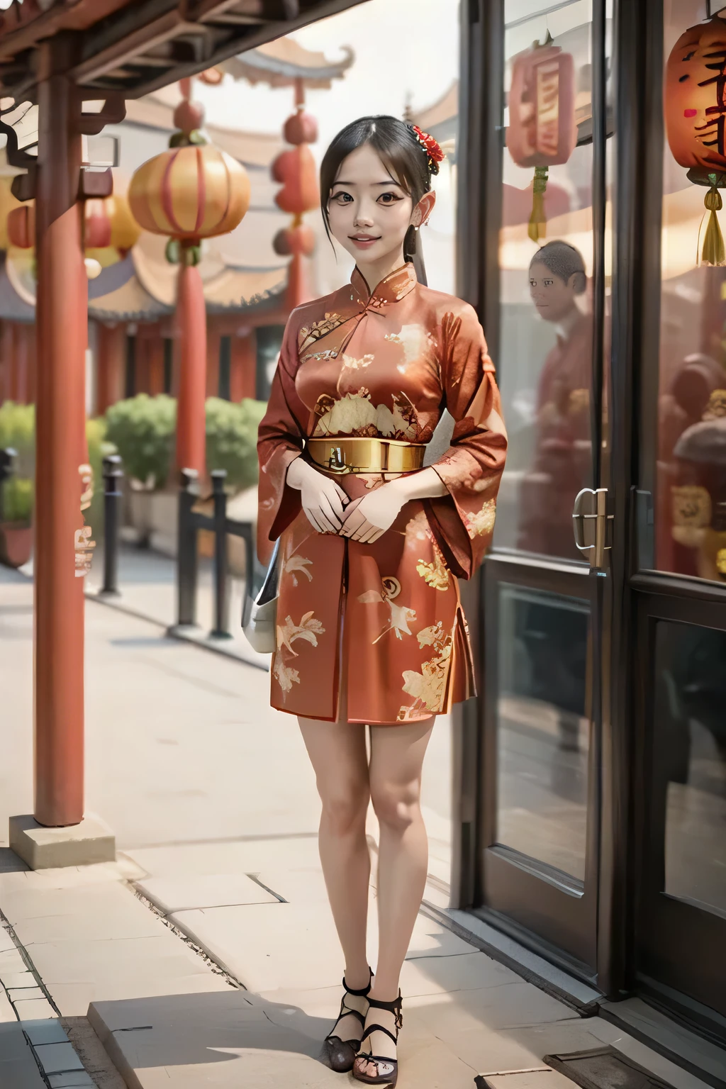 (( Best Quality )), ((masterpiece)), ( Details ), 1girl ,18 year old japanese girl , First person perspective , real person, 8k octagonal rendering , Shine Effect , Medium chest , wearing a red Chinese flag robe, Black Stockings,To everyone, celebrating the Chinese New Year ,Bangs, long hair, Open your mouth, Smile, in front of the Confucian Temple, celebrating the Chinese New Year , full body view, Alone
