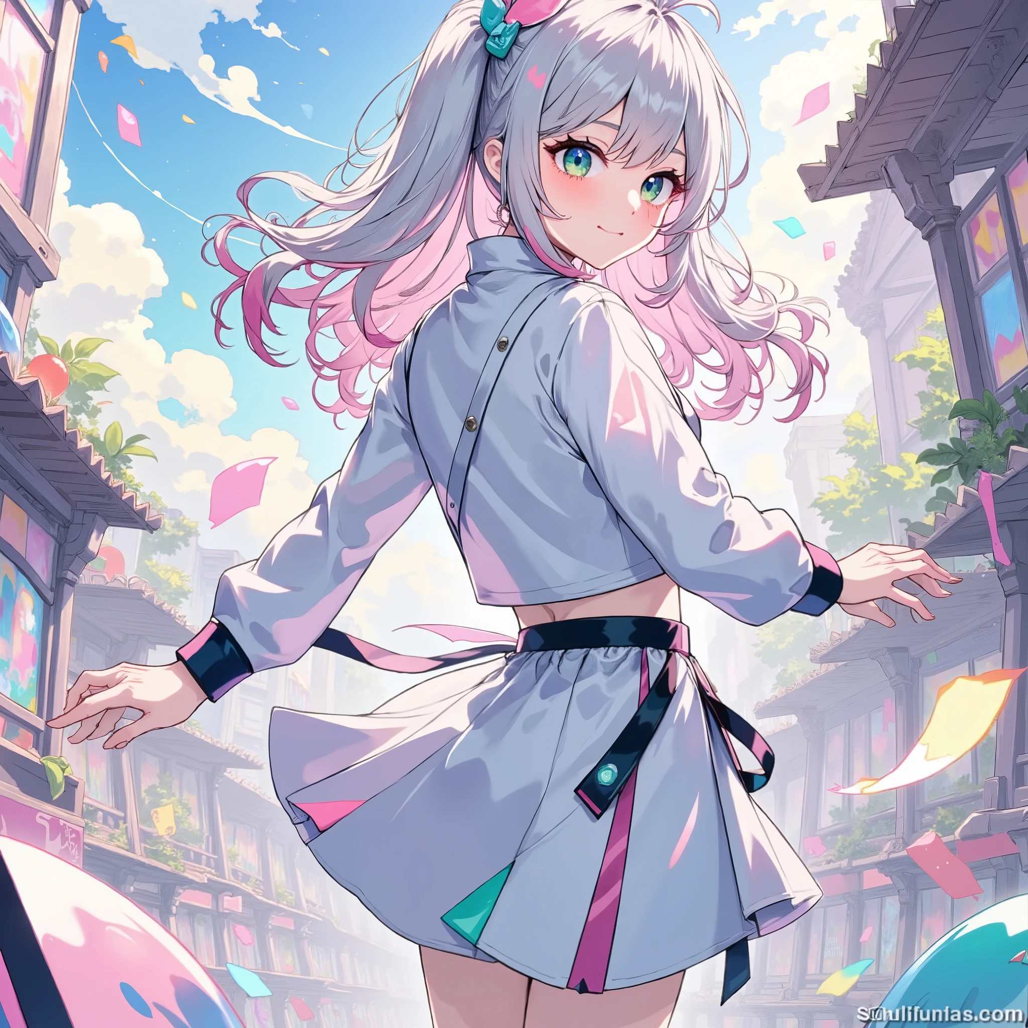20 year old girl、 Silver Hair、 green eyes、 Wizard、 anime style、 are turning around