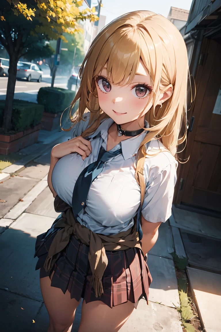 (masterpiece:1.2, top-quality), (realistic, photorealistic:1.4), beautiful illustration, (natural side lighting, movie lighting),
looking at viewer, cowboy shot, front view:0.6, 1 girl, japanese, high school girl, perfect face, cute and symmetrical face, shiny skin,
(long hair:1.8, side ponytail:1.7, light blond hair), parted bangs, emerald green eyes, long eye lasher, (large breasts:0.9, thick thighs), hoop ring earrings,
beautiful hair, beautiful face, beautiful detailed eyes, beautiful clavicle, beautiful body, beautiful chest, beautiful thigh, beautiful legs, beautiful fingers,
((white collared shirts, open shirts, sleeves rolled up, navy pleated mini skirt, loose socks, hair ornament), shocking pink bra and panties, cardigan around waist),
(beautiful scenery), evening, shibuya street, (walking, holding a phone), (lovely smile, upper eyes, open mouth),