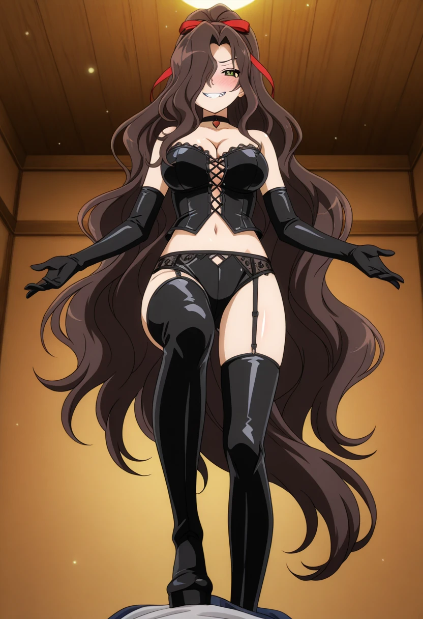 nsfw, Highest quality,masterpiece,8K,アニメスタイル One girl,((Big Breasts:1.3)),orgasm,blush, 平らな胸 Sweat,mizuki yukikaze,Hair Ribbon, Black leotard, taimanin suit, One Piece Tan, Elbow hand pockets, Fur trim, Fingerless gloves, Frilled leotard, Thigh-high boots