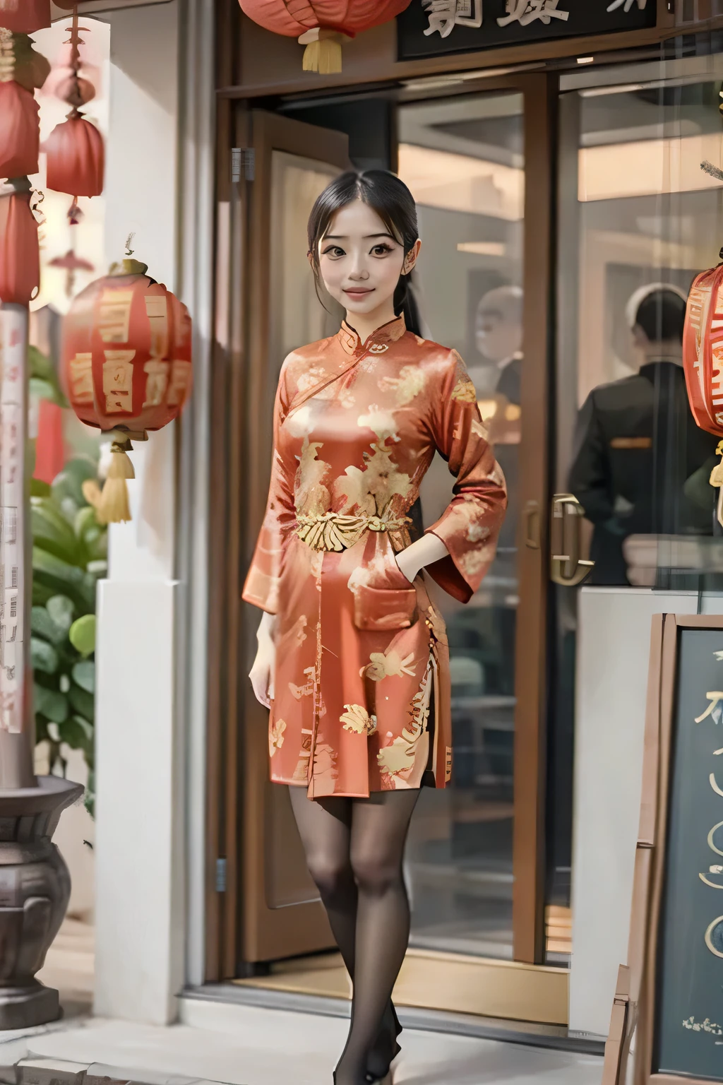 (( Best Quality )), ((masterpiece)), ( Details ), 1girl ,18 year old japanese girl , First person perspective , real person, 8k octagonal rendering , Shine Effect , Medium chest , wearing a red Chinese flag robe, Black Stockings,To everyone, celebrating the Chinese New Year ,Bangs, long hair, Open your mouth, Smile, in front of the Confucian Temple, celebrating the Chinese New Year , full body view, Alone