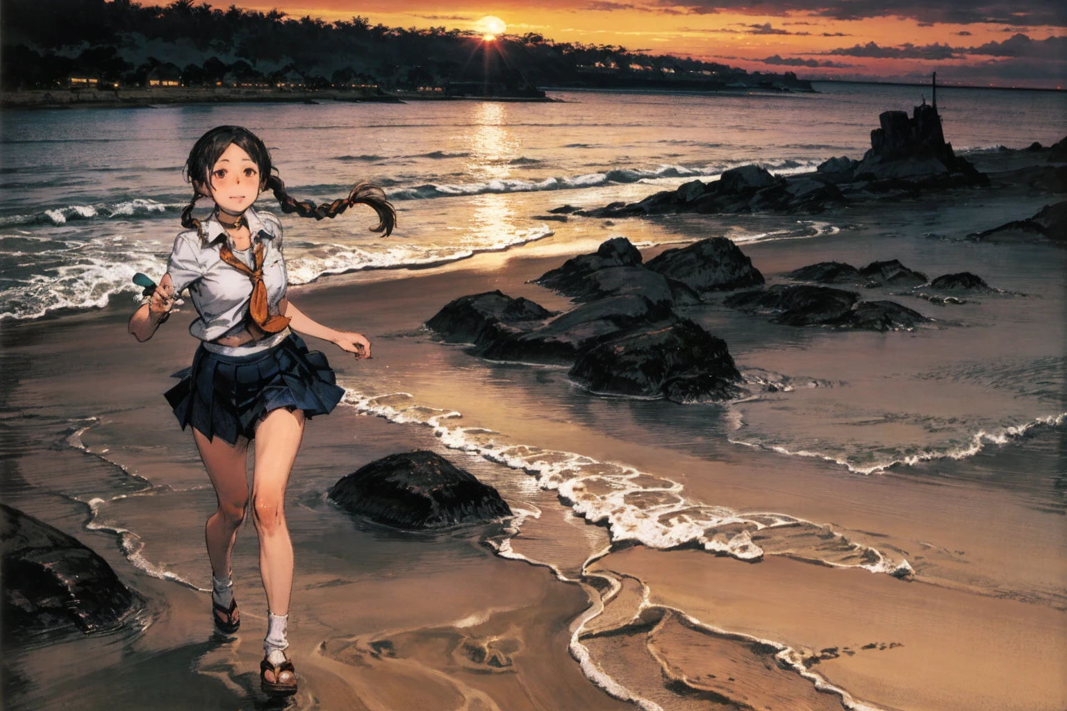 8k, top quality, masterpiece: 1.2), (realistic, photorealistic: 1.37), super detailed, girl alone, cute, alone, dynamic pose, blush, beautiful sandy beach background, sea, Japan schoolgirl in uniform, having beautiful legs, flip flops --auto --s2