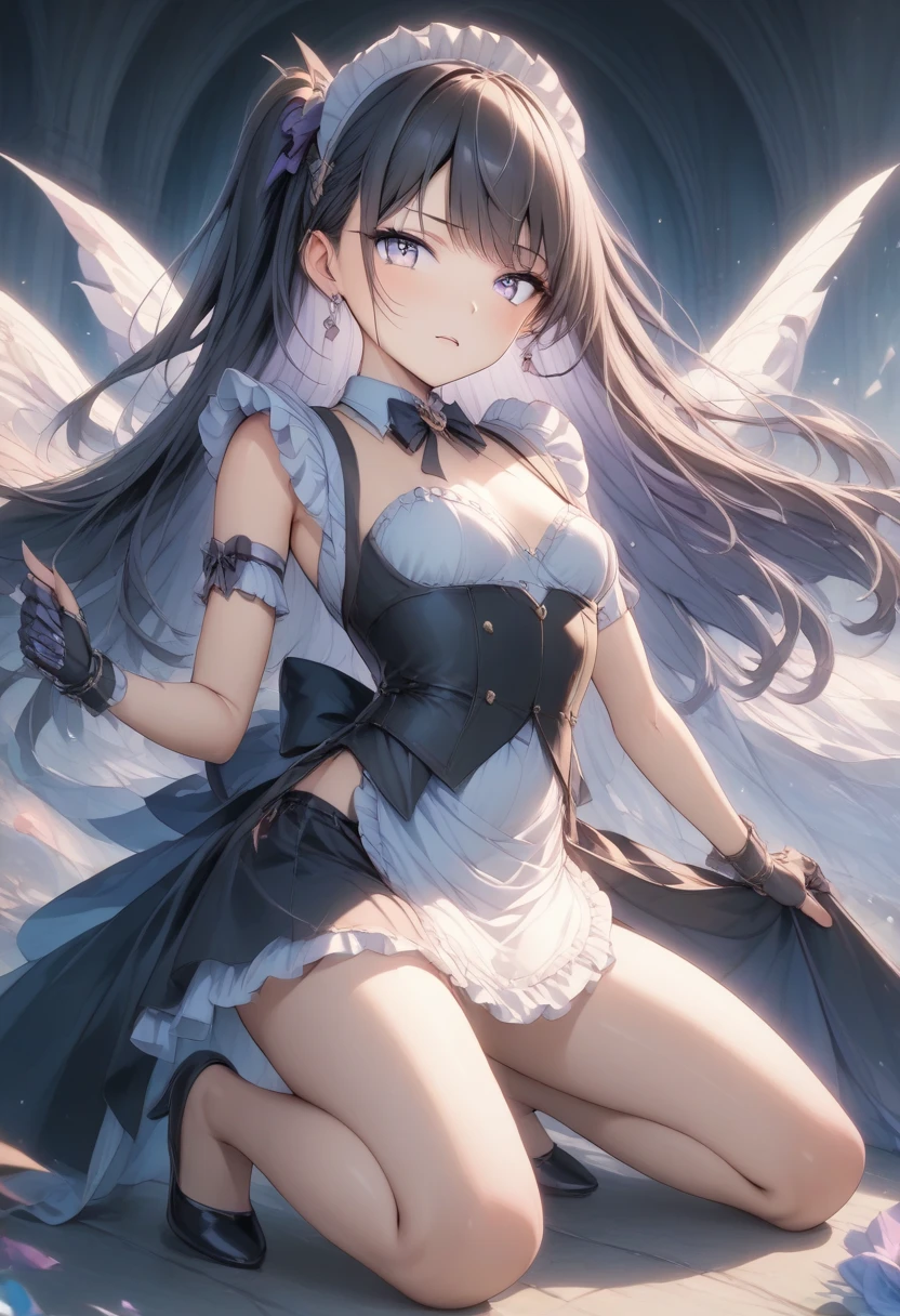 Highest quality,Highest Resolution,Beautiful girl with angry face in maid leotard,Frills,High leg,(((Floating in the air))),Halo,universe,Milky Way,Very beautiful eyes,(((Black angel wings on the back))),whole body,front,long hair,Shoot a bow,Knee-high stockings,Floating in the air,