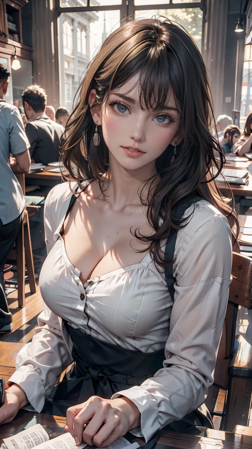 (In perspective) Gorgeous and sexy brunette woman、The perfect 23 year old secretary、Straight hair in a ponytail、Greasy silky white skin (Moist) Thick lips, (photoRealistic:photoRealistic, 8K masterpiece), She has big breasts and wears a tight white dress shirt (Chest highlights), sitting at a restaurant table drinking coffee (hyperRealistic: Realistic, Intricately detailed environments), Sensual facial features: (Texture and environment、Professional photos、Perfect lighting).