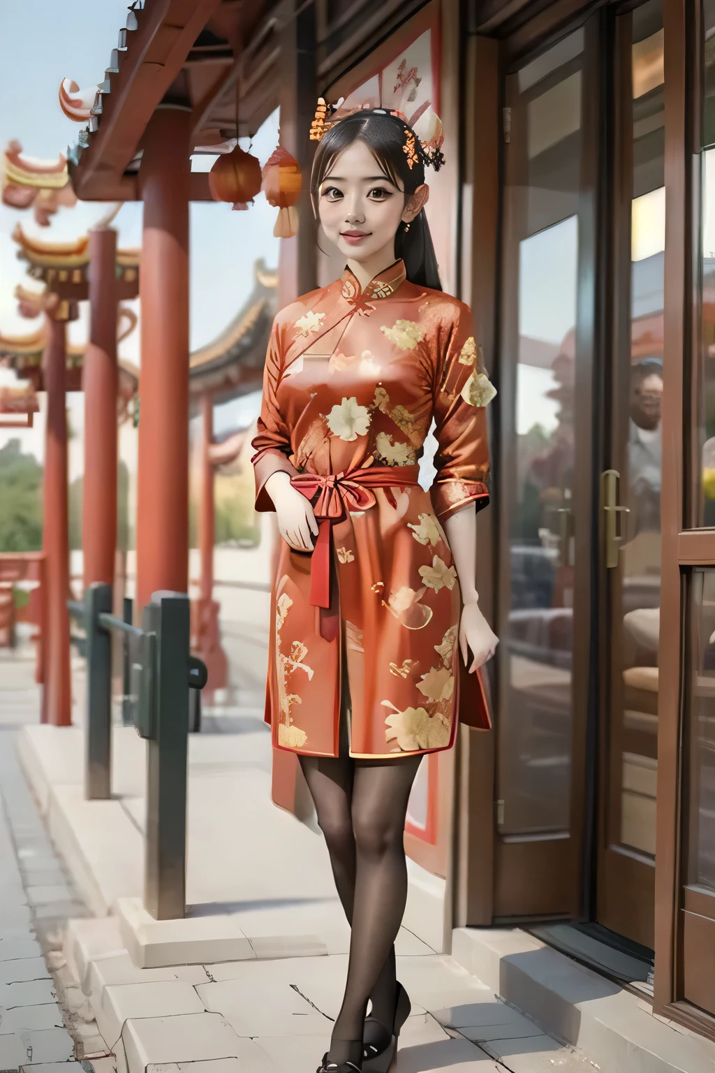 (( Best Quality )), ((masterpiece)), ( Details ), 1girl ,18 year old japanese girl , First person perspective , real person, 8k octagonal rendering , Shine Effect , Medium chest , wearing a red Chinese flag robe, Black Stockings,To everyone , celebrating the Chinese New Year ,Bangs, long hair, Open your mouth, Smile, in front of the Confucian Temple, celebrating the Chinese New Year , full body view, Alone
