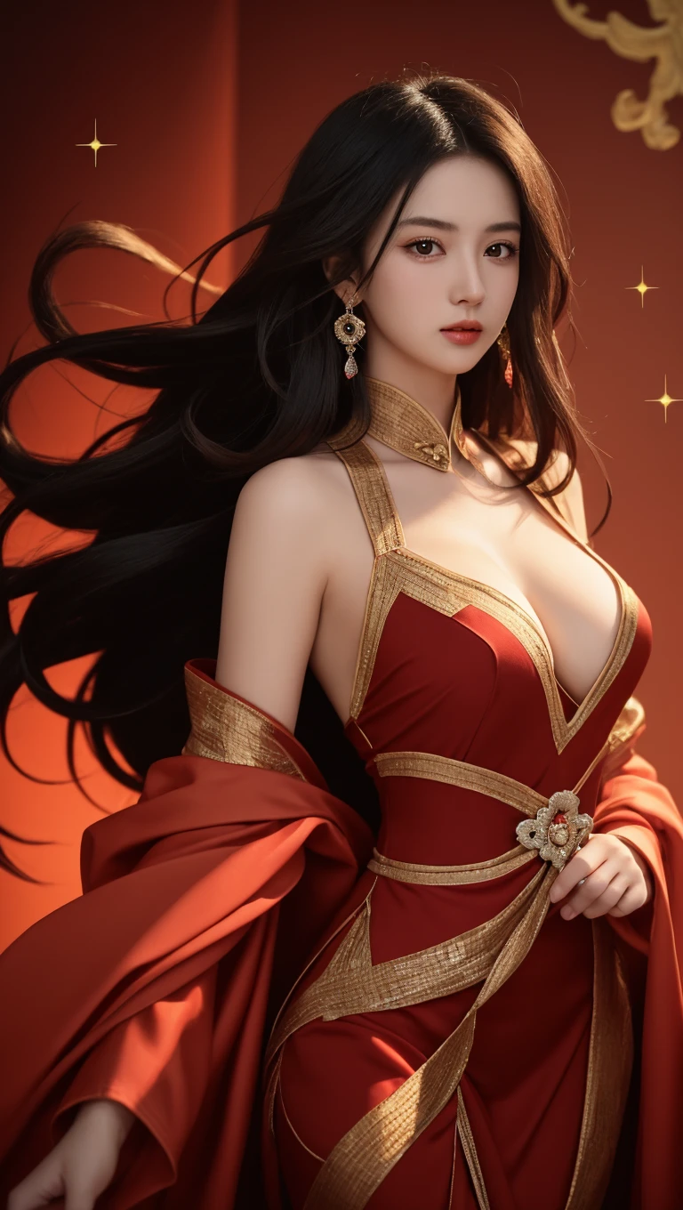 Beautiful Valkyrie,（best qualtiy，hyper HD, Masterpiece, 16k）,Goose egg face,largeeyes,long eyelasher,There are precious stones on the forehead,Exquisite（live-action realistic style）,Star-like eyes,Ultimate face,Photorealistic light and shadow,Clear facial features,Milky white skin,Fair skin, highdetailskin,Realistic skin details,Visible Pore,（Super detail）, body,Carmelto, full bodyesbian,She wears long loose black hair and reaches her waist,（hair flowing）,Wear a transparent silk cardigan dress,（Super detail）,Beautifully decorated,((dynamicposes),sat on the ground,Legs slightly open),Be red in the face,((Dynamic background((Red lightning)),Fantasy space，Luxurious space