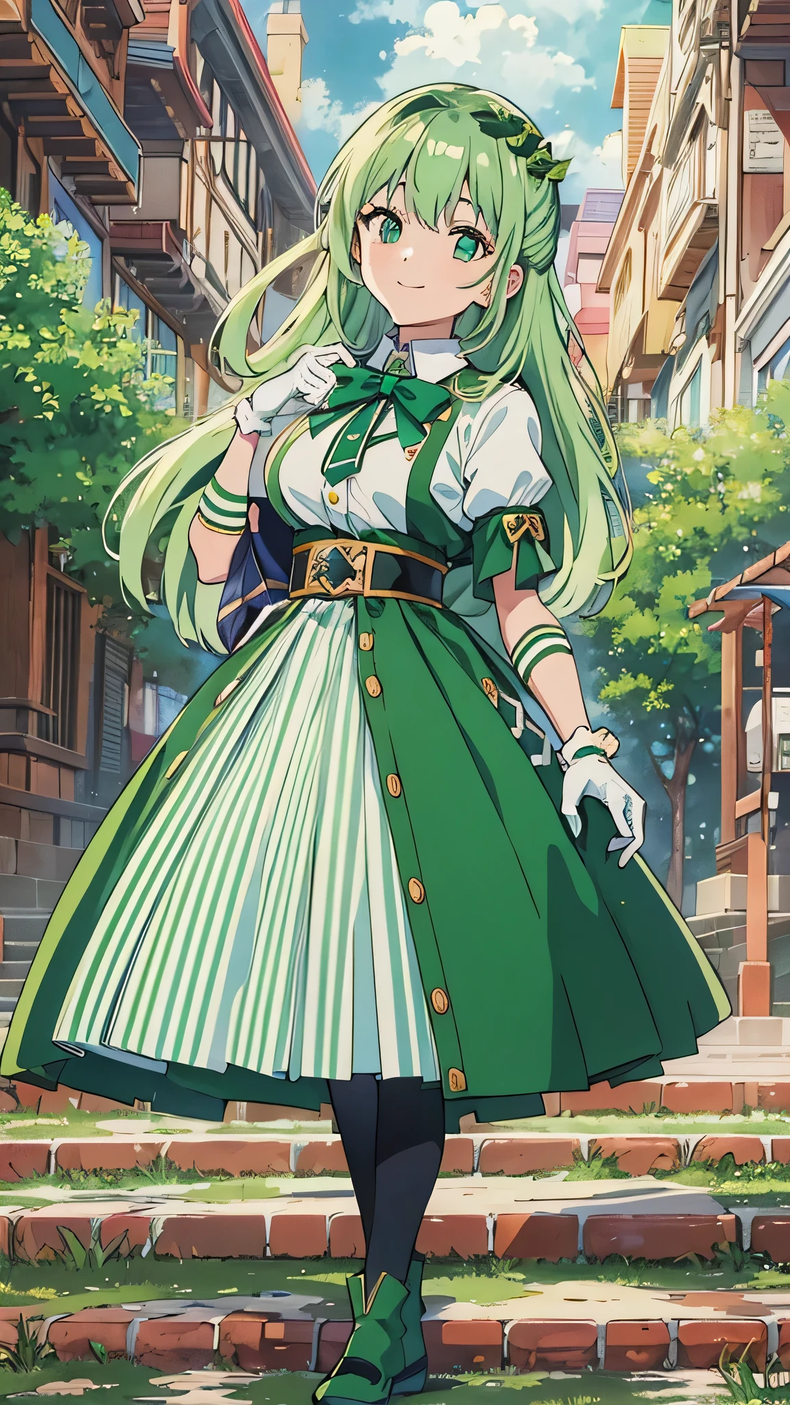 1990s \( style\), Mizuno_Ami, big breasts, knight , is standing, Alone, Classic SMRC_, green_ pleats _ skirt ,_white_ gloves_green_ boots_green_ choker_green_bowtie_green_return_bow_ CIRCLET _green_ Blog, anime cels style, Outdoors , best quality, high resolution, 1 girl, , embarrassing, smile, viewers, pose