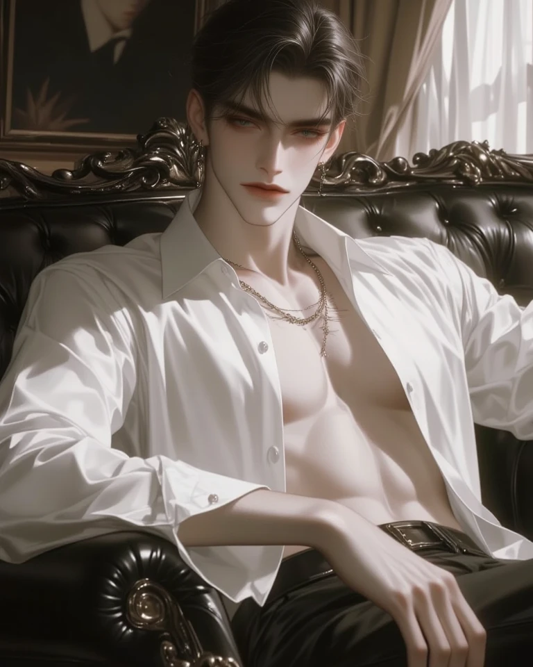 masterpiece, top elite quality, ultra perfection detailed, 1 male, 30-ish, male focus, solo, attractively handsome, photography of a handsome creep, sus expression, manhwa style, 8k.