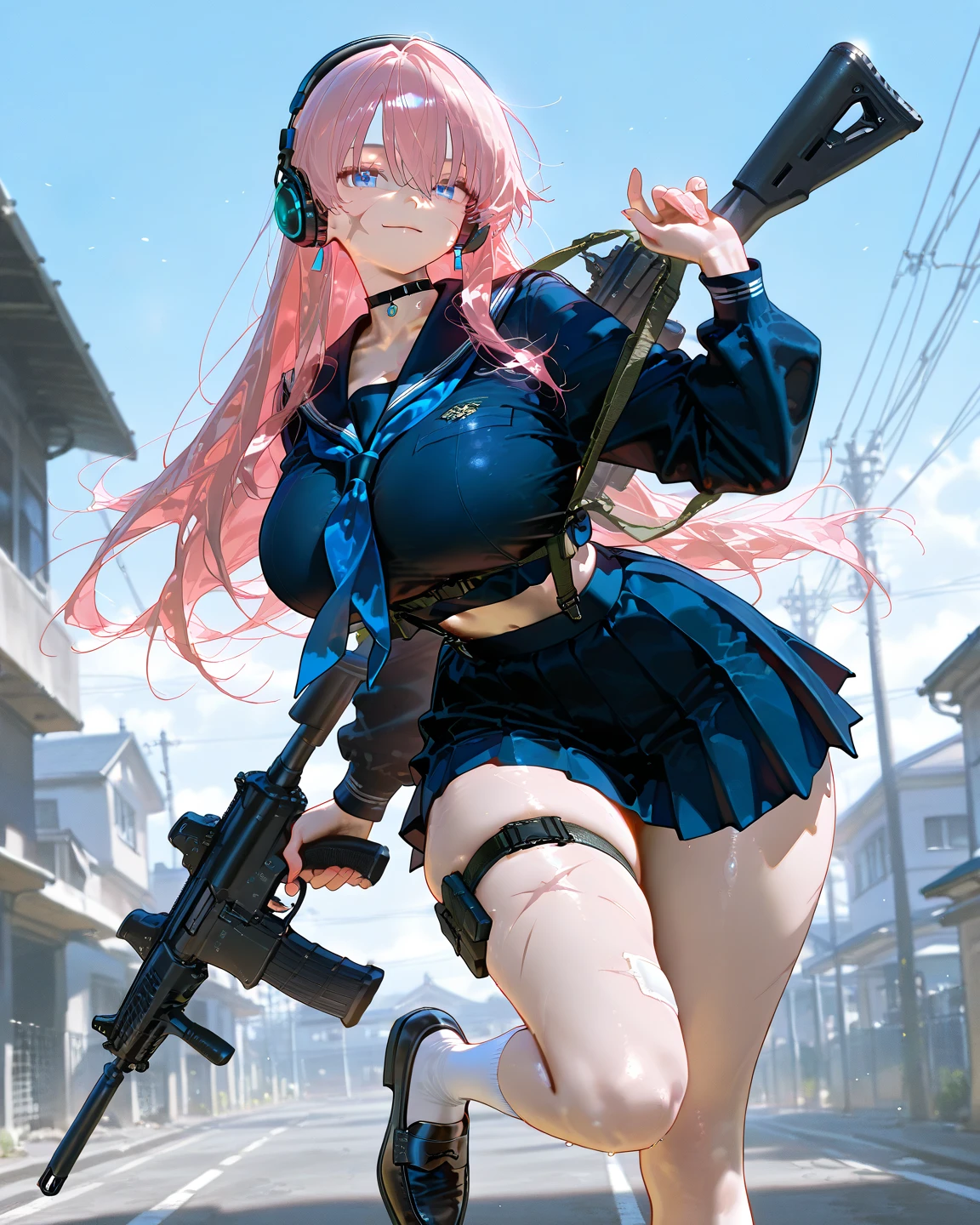 Anime girl holding gun and pink hat in bikini, Splash art anime Loli, Loli, azur lane style, A scene from the《azur lane》videogame, Marin Kitagawa fanart, pink twintail hair and cyan eyes, Rem Rezero, zerochan art, swimsuit, seductive anime girls, Anime moe art style, clean and meticulous anime art, in a bathing suit
