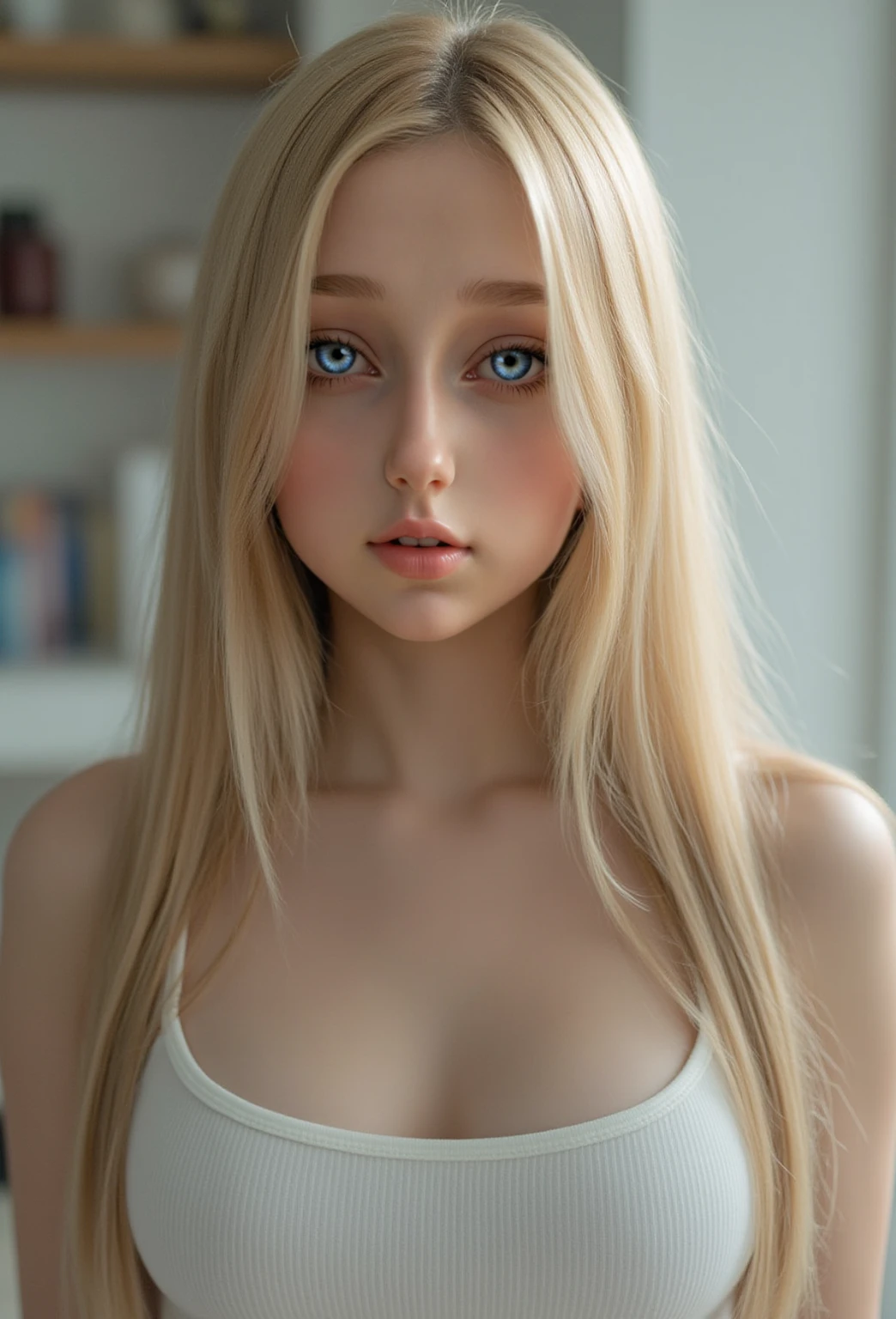 No bra、Brand Hair、Upper body naked、Western Beautiful Girl、19 years old(RAW Photos:1.2),Blonde beauty、A beautiful woman like the one in Final Fantasy、High-quality photos、Ukrainian beauty、 (that&#39;Photorealistic:1.4),(Exquisite details:1.2),(Pieces fly:1.3),(Highest quality:1.4), You can see all your、Omi、Shining blonde、Light blue clear eyes、Real women、Exposing breasts、Clear blue eyes、Beautiful shiny blonde hair、Hair blowing in the wind、Boobs fully exposed、(Ultra-high resolution:1.2), Cinema Lighting, Ultra-high resolution,(Fine grain),(Detailed facial features),(mini skirt, Ticker, 8K resolution, Fits perfectly to the skin, Upper body naked、(Shiny skin), (Slender girl), dream, No bra、hair ornaments, Tight waist, (Highly detailed illustration), Bedroom, Bangs that cover the eyes、Straight hair, Super long hair, Platinum Blonde、 Very bright and beautiful light blue eyes, Very big eyes、1 Girl, Cute type, Small Face Beauty、The chest is fully exposed、Cheek highlight、pure love, (Shy and cheerful expression),, indoor, Large Breasts, Big Breasts,