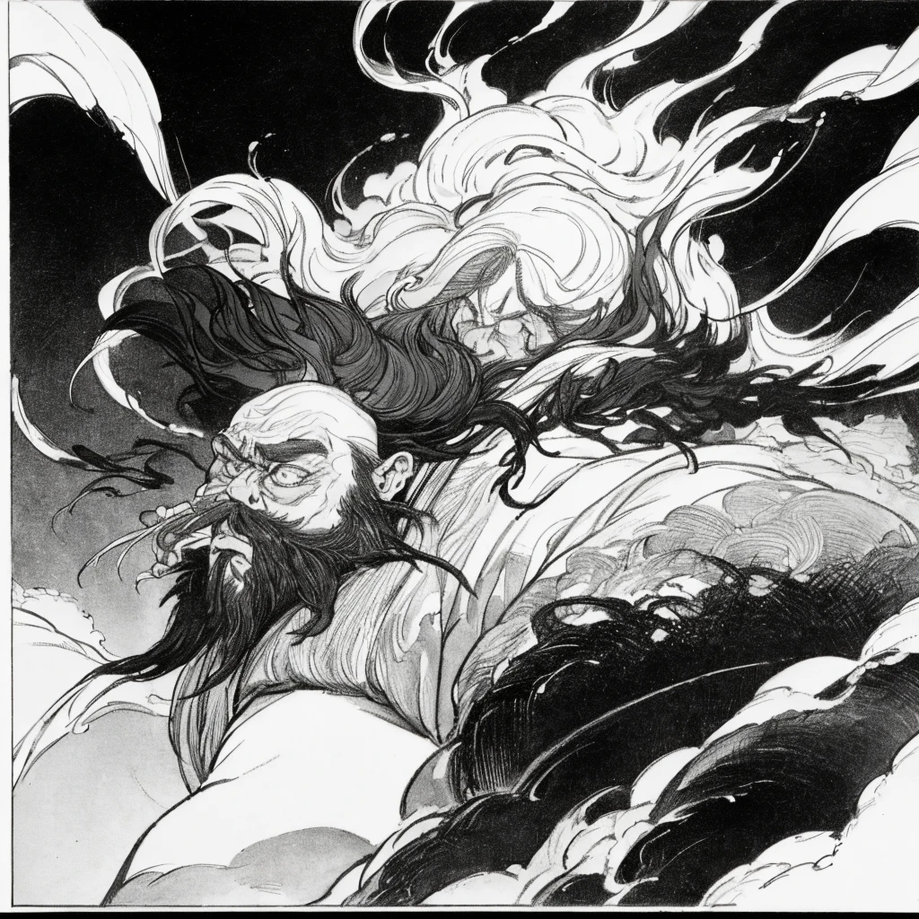 Anime guy with long hair and a beard fighting, full body positions, manga page with panels and dialogue