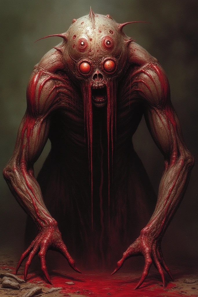 Hay una criatura espeluznante con una corbata roja, Criatura de carne mutante espeluznante, demonic creature, Criatura lovecraftiana, grotesque large alien, horror fantasy art, fantasy horror art, Anton Semenov, Retrato de un Mind Flayer, Ciencia - Fi Arte de terror, nyarlathotep, dark fantasy horror art, Sci-fi horror artworks, alien creature