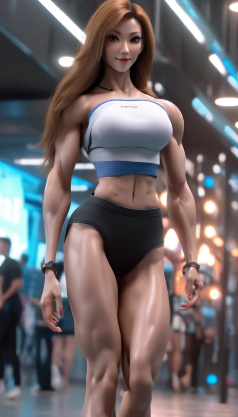 1GIRL, SOLO, HAIR ORNAMENT, (HUGE FAKE BOOBS:1.3), (SKINTIGHT CROP TOP:1.5, CLEAVAGE:1.2), (SKINTIGHT YOGA PANTS, HIGH HEELS:1.2), (SEXY BODY, MUSCLE ABS, LONG LEGS, FULL BODY VIEW:1.5), (LOOKING AT VIEWER:1.5), (WALKING DOWN STREET CYBER NIGHT CITY:1.2), ULTRA HIGHT DEFINITION, 8K, 1080P.