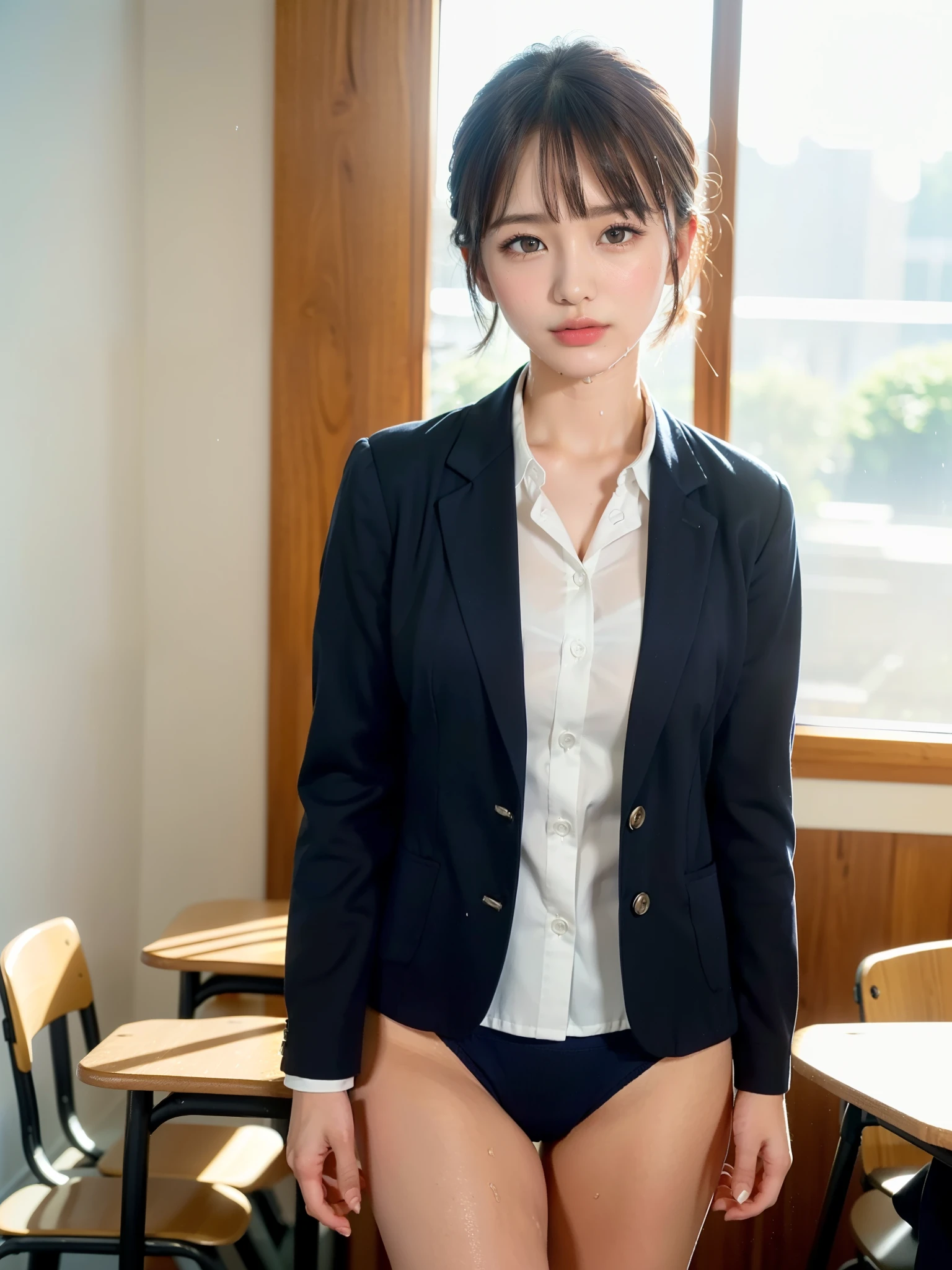 RAW photo、1 girl、incredibly absurd, beautiful girl, (cute), (short cut hair), hair with few eyelashes, Depth of bounds written, High resolution, super detailed, (finely), very detailed, very detailed目と顔, sharp pupils, realistic student, sharp focus, cinematic lighting、Eye and face details、(blazer school uniform)、gentle natural light、cowboy shot full body、Take a look at the white and sky blue panties peeking out from her wide open legs.、camel toe、classroom、close up of face、looking down from above、shy smile