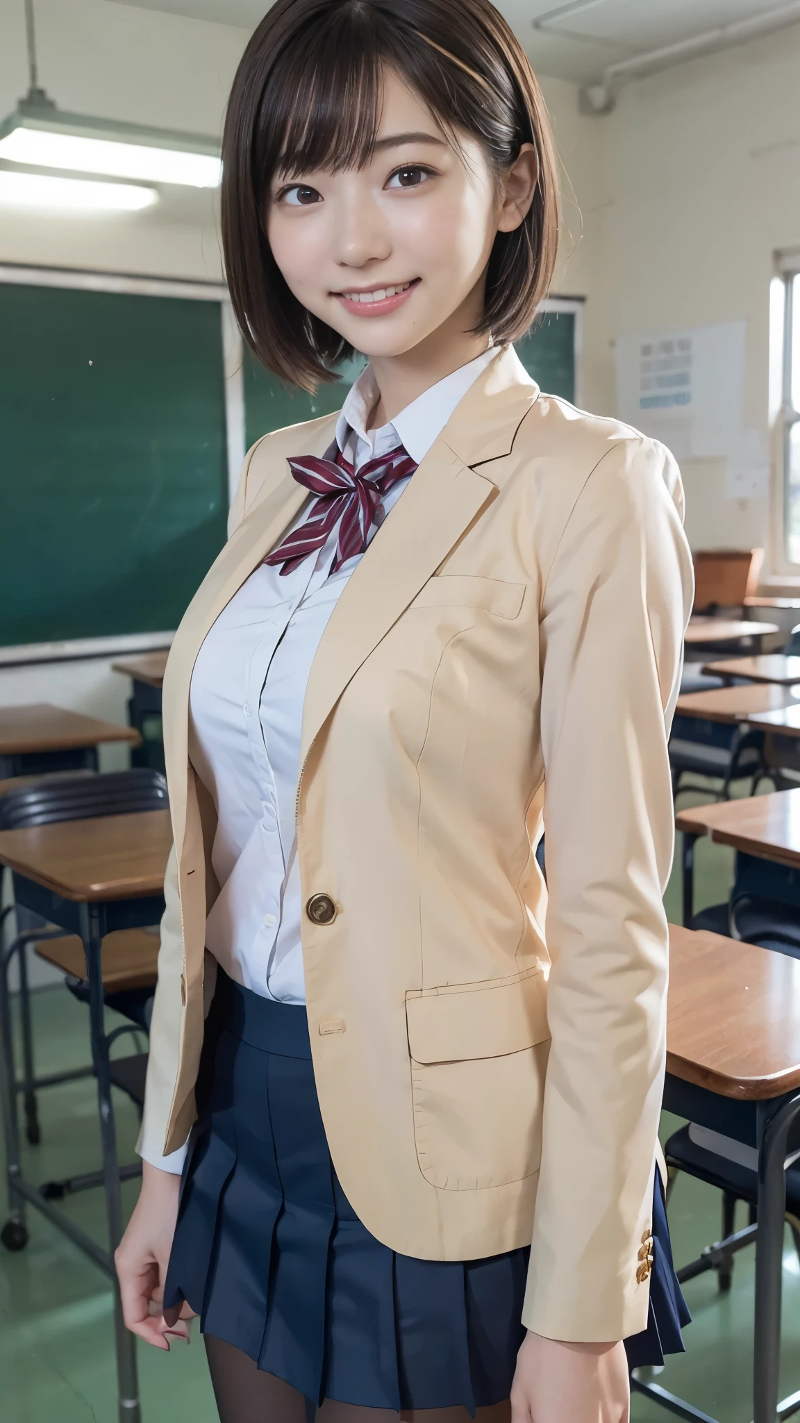 best quality,masterpiece, super high resolution, high-definition RAW color photo, professional photography, natural skin texture , fine skin, hyperrealism, smiles, dark blonde short cut hair,gigantic breasts,( high school girl uniform , black pantyhose, blazer), upper body up,classroom