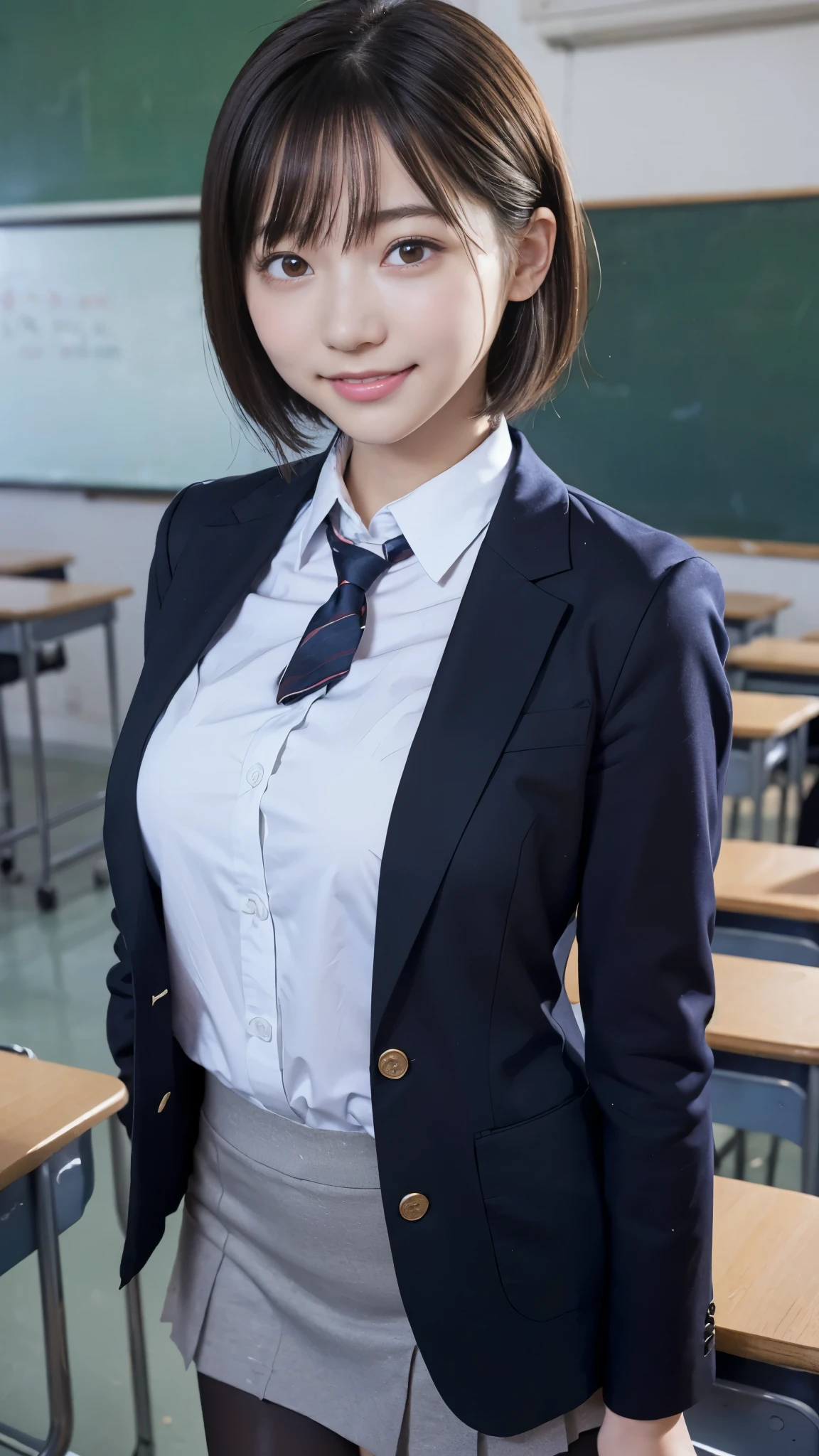 best quality,masterpiece, super high resolution, high-definition RAW color photo, professional photography, natural skin texture , fine skin, hyperrealism, smiles, dark blonde short cut hair,gigantic breasts,( high school girl uniform , black pantyhose, blazer), upper body up,classroom