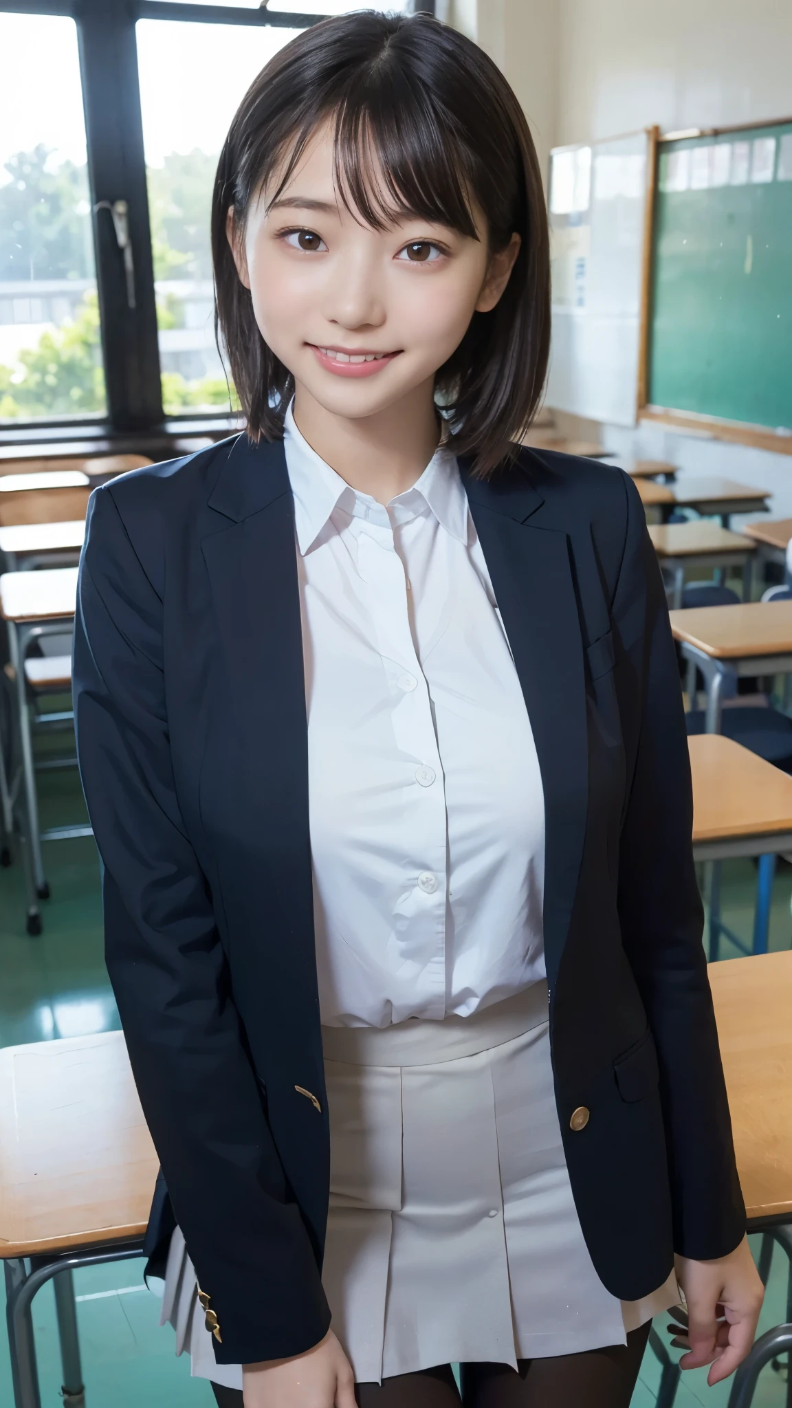 best quality,masterpiece, super high resolution, high-definition RAW color photo, professional photography, natural skin texture , fine skin, hyperrealism, smiles,loose curly hair,gigantic breasts,( high school girl uniform , black pantyhose, blazer), upper body up,classroom