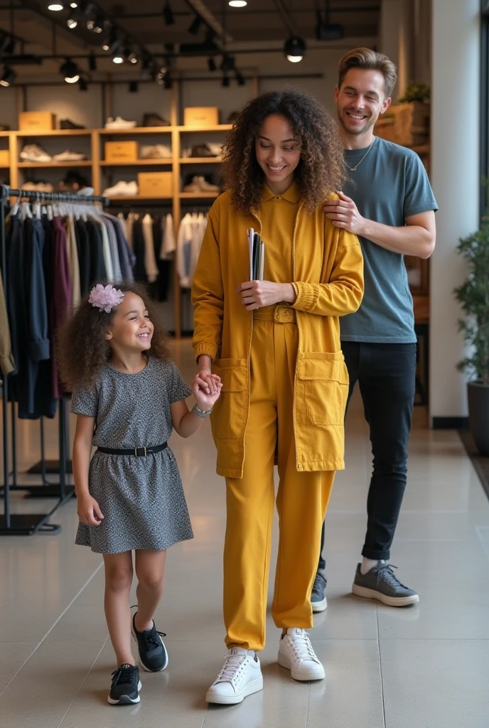 araffe woman and  in a clothing store buying clothes and shoes, wearing pink top, blue Jean trousers, longbead earring and accompanying by her 4-year old son, gorgeously dressed with a purse, hyperrealistic”, hyperrealistic ”, hyper realistic”, hyper realistic ”, highly realistic”, by derek zabrocki, in style of nadine ijewere, by Lily Delissa Joseph, by Emma Andijewska, fashionable, super realistic”, photorealistic”, photorealistic ”, fashion, by Lena Alexander, trending artwork