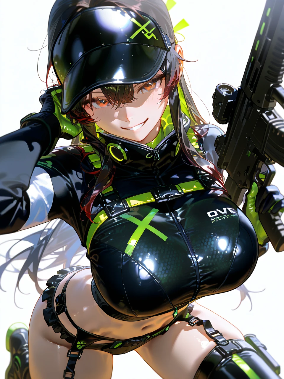 Girl, wearing a hood, neon color, holding a mysterious huge weapon, machine, white background, no background