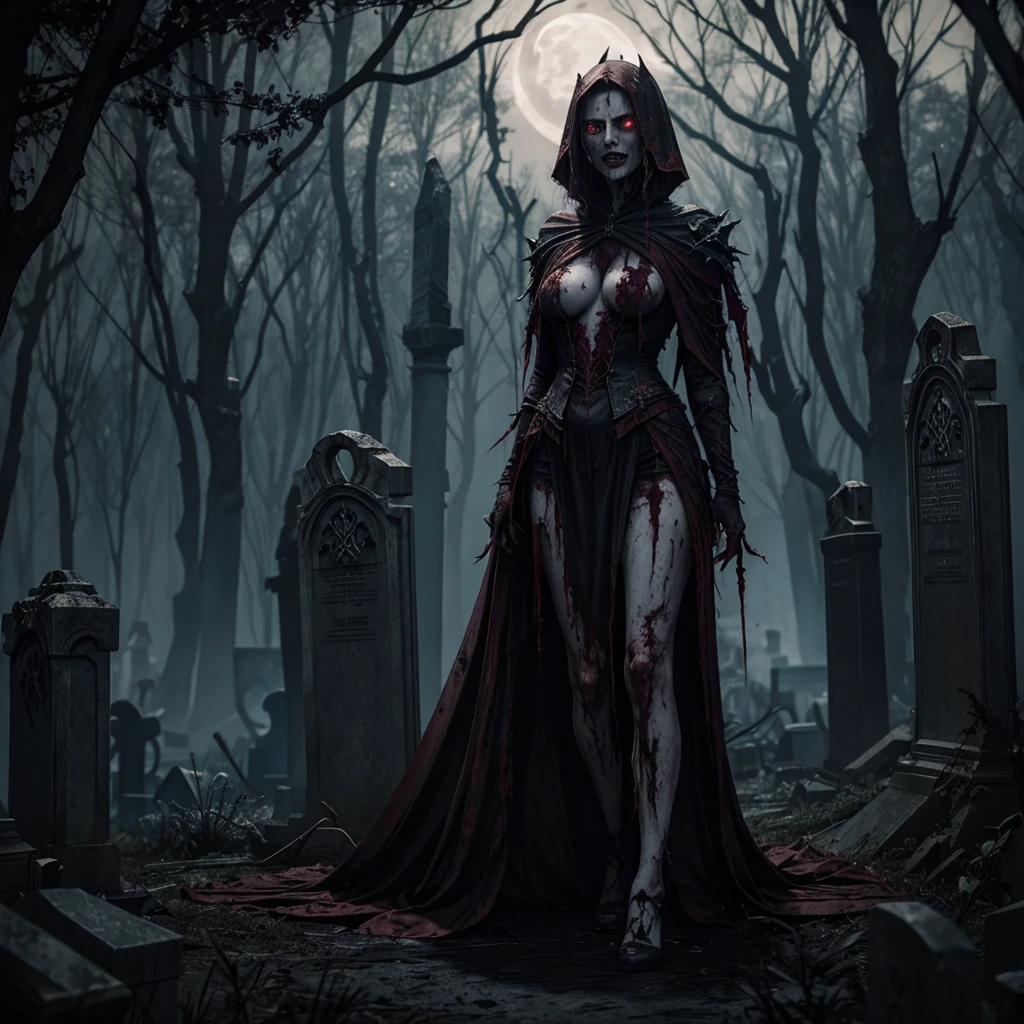 8k masterpiece, best quality:1.2, A bewitching scene unfolds in the heart of a misty graveyard beneath the cover of night. Amidst the haunting ambiance, a beautiful Japanese vampire emerges, her alluring presence both captivating and mysterious. With an air of demure elegance, she commands attention with every step, her eyes gleaming with a subtle intensity that belies her bloodthirsty nature.Dressed in attire that combines ancient elegance with a modern edge, she navigates the cemetery's uneven paths with the grace of a nocturnal predator. Her flowing gown, colored in shades of deep crimson, flows around her as she moves, blending seamlessly with the surrounding darkness.In the pale moonlight,a vampire with detailed face,mouth with vampire teeth,(scary female Nosferatu vampire lord:1.3),long fangs,pale skin,best quality,cinematic lighting,sharp focus as she parts her lips, revealing her true nature. Her gaze is magnetic, drawing those who encounter her into a world of both desire and danger. The (mist that curls around gravestones) and clings to the earth adds an ethereal touch, heightening the sense of mystique that surrounds her.As she roams among the tombstones, a palpable aura of power envelops her. Her footsteps are nearly soundless, allowing her to navigate the night with an otherworldly grace. The stillness of the graveyard is punctuated only by the distant hooting of an owl and the rustling of leaves in the breeze.With each movement, the vampire's presence leaves an indelible mark on the atmosphere, intertwining allure and danger. Her dual nature, both captivating and bloodthirsty, is a reminder that in the world of the supernatural, beauty and darkness often go hand in hand, cg work, unreal engine 5, photorealistic:1.3, absurdres, cinematic lighting, 3d work,