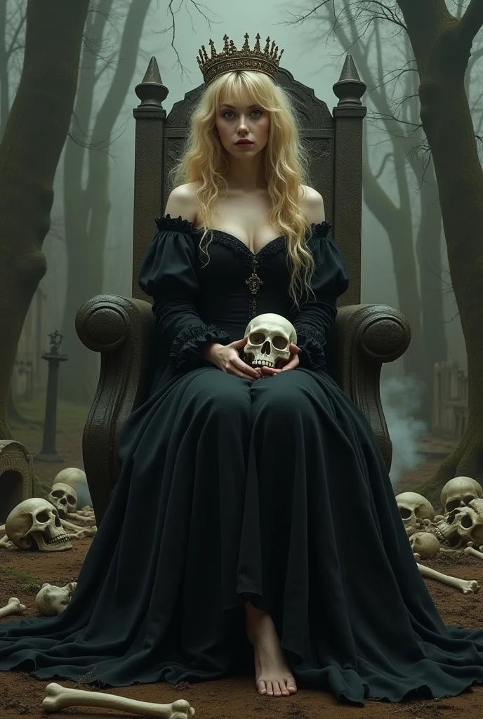(Absurd, high quality, ultra -compared, careful with the hand) woman 30 years old, victorian era,victorian clothes, (white dress), dark castle, a woman (witchcraft), very long blond hair (blond hair), (gray eyes) . Indifferent look , merciless. among the skulls, dinamic poses, egoist smile, sitting on the ground