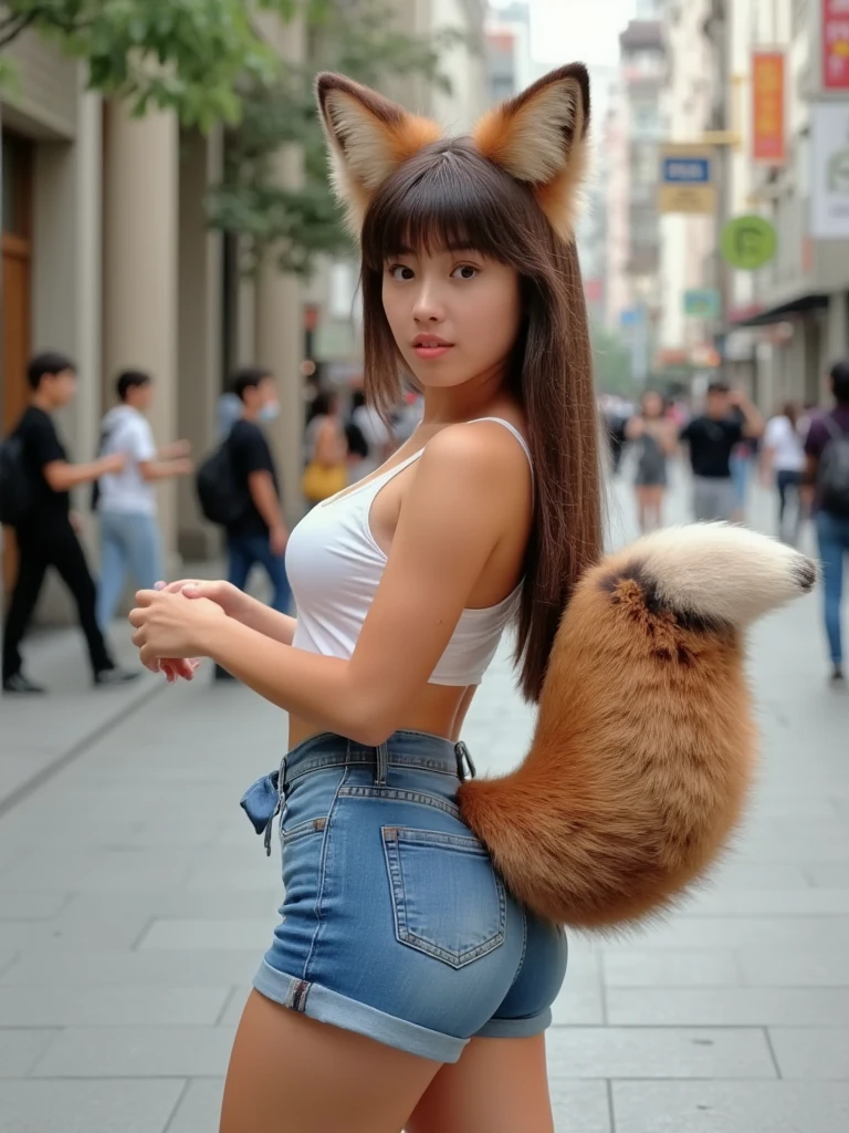 ((highest quality)), ((masterpiece)), (get used to it), perfect face, fox girl, Beautiful woman, public, A tail is growing, she has a fluffy tail, she has a fox tail, she shows her tail, smile, She is wearing jeans, beautiful hips, big breasts , big tail, Jeans to tail