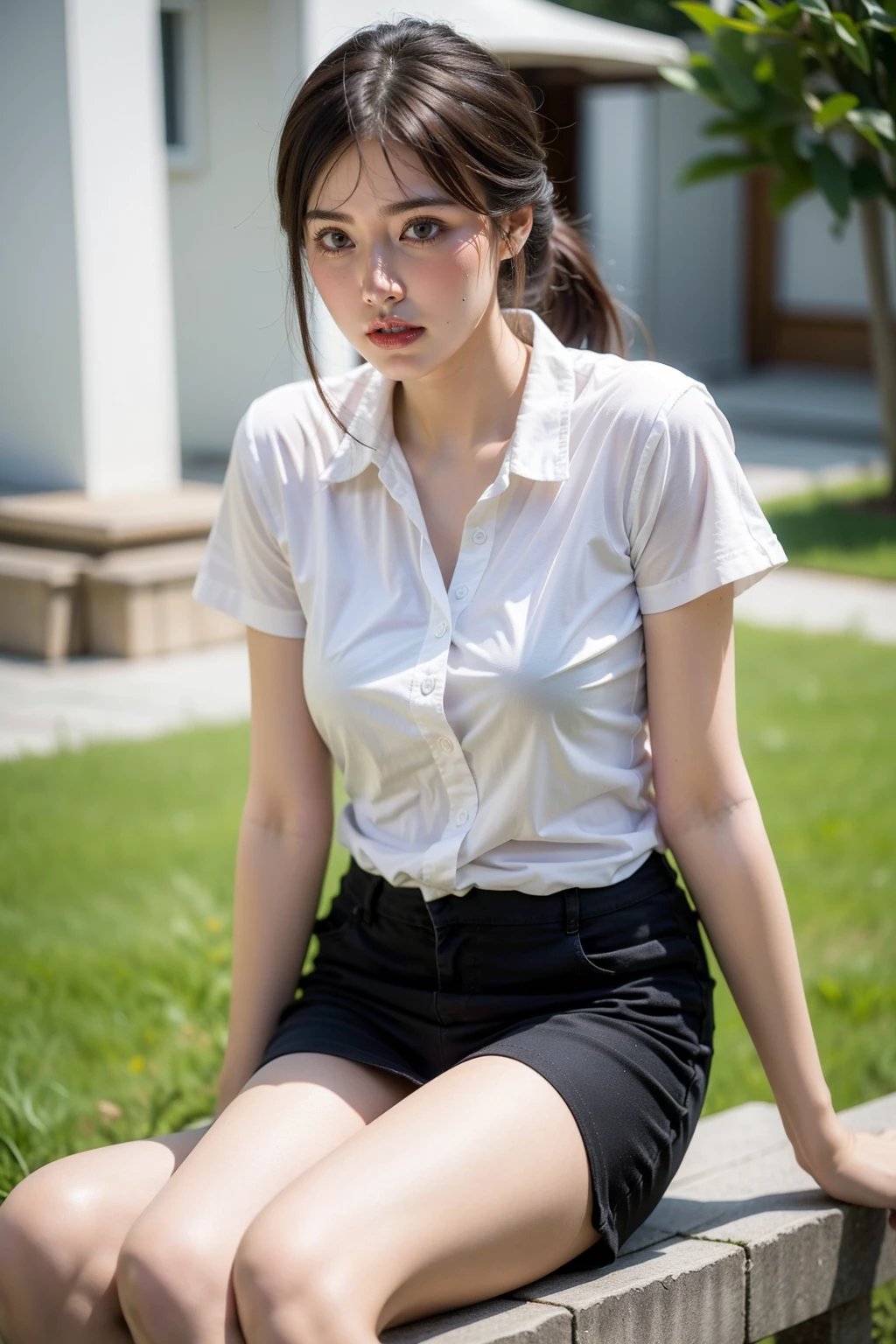 Best quality, full body portrait, delicate face, pretty face, 25 year old woman, slim figure, small bust, OL uniform, office clothes, black stockings, outdoor scene, sitting position, japanese woman, 8K, cinematic