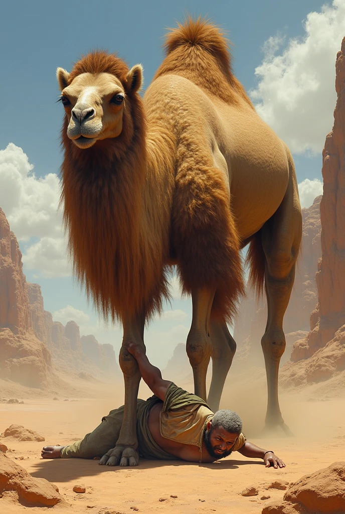 Man in the desert, with camel legs and three humps on the back