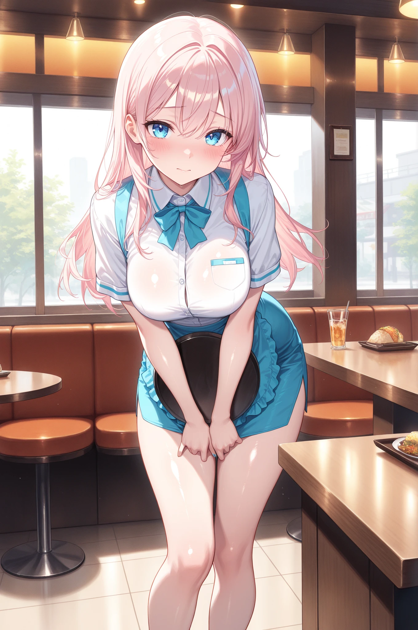 1girl, natural lighting, masterpiece, highly detailed, illustration, absurdres, high quality, beautiful detailed eyes, glossy lips, natural lighting, medium breasts, pink hair, light smile, cafe, strapless leotard, black tights, bunny ears, pet collar
