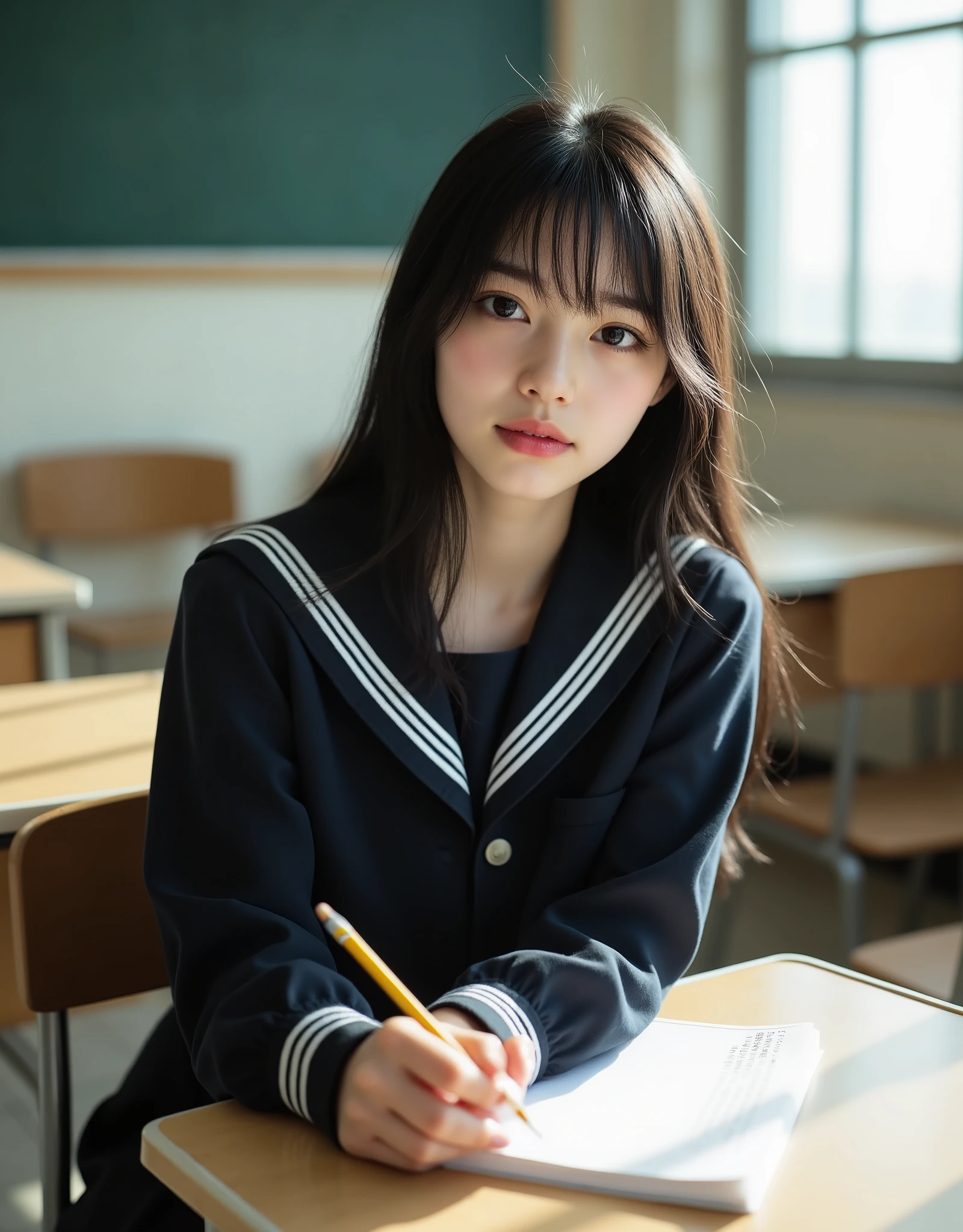 (Canon), (EOS R5), (50mm), ((( photorealistic:1.5))), (No lens flare :1.5), ((超 high resolution)), (masterpiece), accurate,( is presentな質感の肌), more details, high detail, high quality , Award-winning work , 最 high quality, 32K, depth of coverage, digital camera, award-winning glamour photo , professional lighting, (SFW), ((最 high quality:1.5)), ((masterpiece:1.5)), (( is present)), high resolution, is presentな影, Roughness, Real Life,( 1 Japanese woman so beautiful and cute), ( The cuteness of Japan's top idol ), ((Upper body shot seen obliquely from the front :1.5)), (( upper body shot from head to knee :1.5)), (( cute 18-year-old Japanese high school girl )), (( high school classroom , desk, chair, blackboard, and window visible )), (((Navy blue short-sleeved sailor suit:1.8))), (((襟と胸当てが紺色で3本の白色ラインがある半袖の紺色夏服セーラー服と dark blue flare skirt を着て椅子に座っている:1.8))), (( short sleeve navy blue sailor suit with dark blue collar and breastplate :1.8)), (( no front buttons on a sailor suit :1.8)), (( sailor suit's chest is dark blue and has 3 white lines :1.5)), (( dark blue flare skirt :1.5)), ((red scarf for sailor suit:1.8)), ((Navy blue scarf closure :1.5)), (( no accessories:1.5)), (( No Earrings :1.5)), ((Without necklace:1.5)), ((Women's watch on her left arm )), (( a very cute high school girl who feels young )), Attractive cuteness , seductive pose holding hands, Height: 160cm, slim figure, Beautifully shaped bust, D Cup, ((少し歯が見える very cute smile:1.5)), ( alone:1.5), (There is only one person in the classroom), ( brown eyes:1.9), ( Detailed depiction of extremely realistic skin ), (Highly detailed, realistic eyes:1.9), (Very beautiful, long, realistic eyelashes), (Highly detailed, realistic eyebrows), (丸い brown eyes :1.8), ( beautiful catchlight on the eyes), (Realistic lips with moisture ), ( white realistic teeth arranged neatly), ( Beautiful and Detailed Face :1.6), ( hourglass figure :1.6), (Wasp waist :1.5), ( Perfectly round and beautifully shaped bust :1.8), ( clearly contoured cheekbones :1.5), ( perfectly styled body :1.8), (Healthy body :1.8), (Narrow shoulders:1.9), ( viewers), ( seductive gaze), (Beautiful, natural-looking hands), ( beautiful pink nails with a beautiful length ), ( show your hands as little as possible ), ( very cute smile:1.1), ( her stomach and navel may be slightly visible:1.4), ( dark hair medium hair :1.3), ( beautiful black hair), ( has bangs), Natural atmosphere, Very cute type, beautiful thighs, (( evening classroom )), (( with a pencil case and notebook on her desk :1.4)), (( show your hands as little as possible )), ((I can't show my feet)), blur background, Illuminate the face, dynamic pose , beautiful body line , Beautiful, realistic skin , Art Photography, beautiful soft lighting , accurate手の形, accurate指の形, accurate指の数,5 fingers on one hand ,((No watermark, No signature))