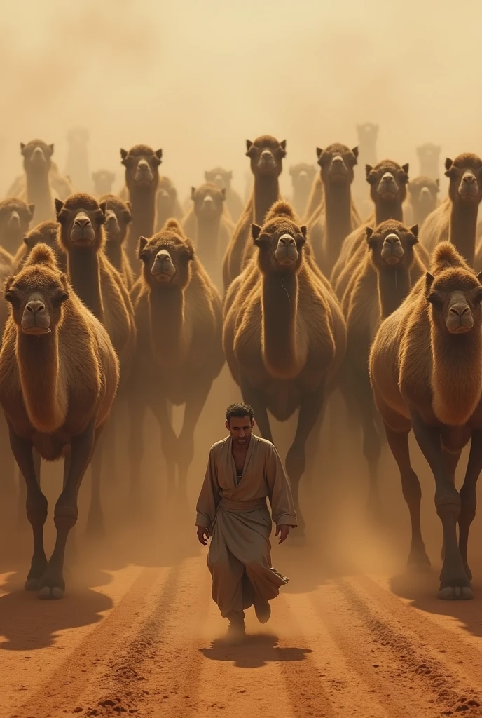More than 200 riderless camels in a yard with their owner watching them from afar