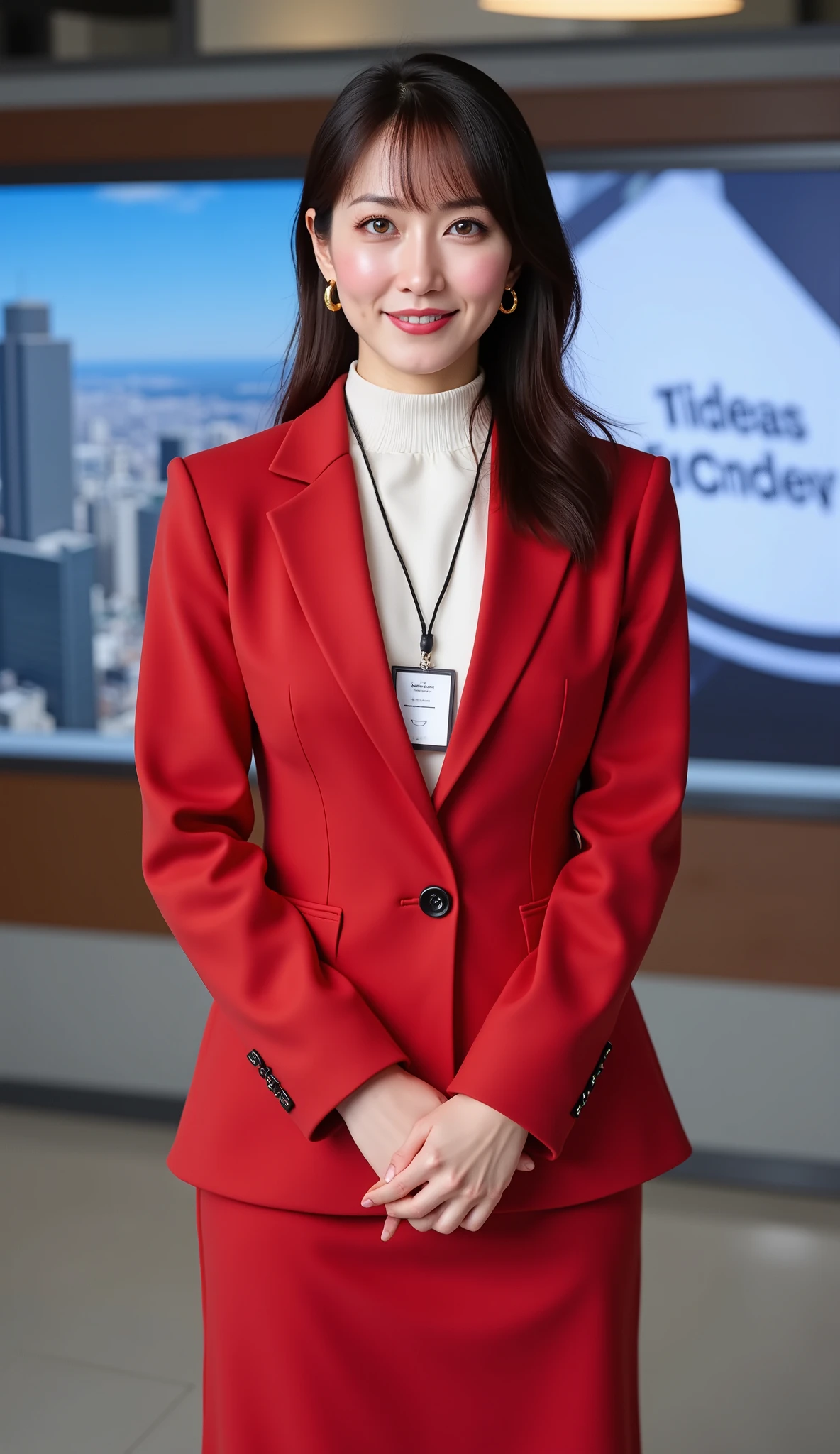 Side view, Full body, looking at camera, standing on floor, hands clasped together , female New news anchor, 1 beautiful Japanese women ,20-age, (black straight middle hair, fringe, gold earring ,smile) ,(D cup breasts, middle hip), (White elegant blouse, red one button Jacket, from neck pull ID card with face picture), (red middle skirt, black pantie stocking, black leather Hi heal) , News Studio, back big monitor, (super detailed, High Details , High Quality , Accurate, anatomically correct , textured skin, beautiful fingers super detailed, High Details , High Quality , High Quality )